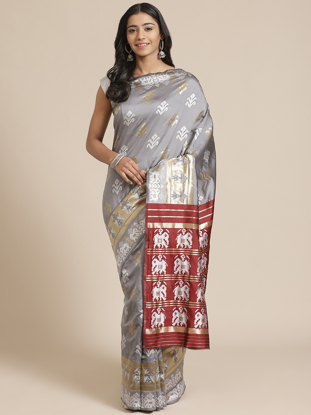 

Mitera Grey & Maroon Woven Design Banarasi Saree