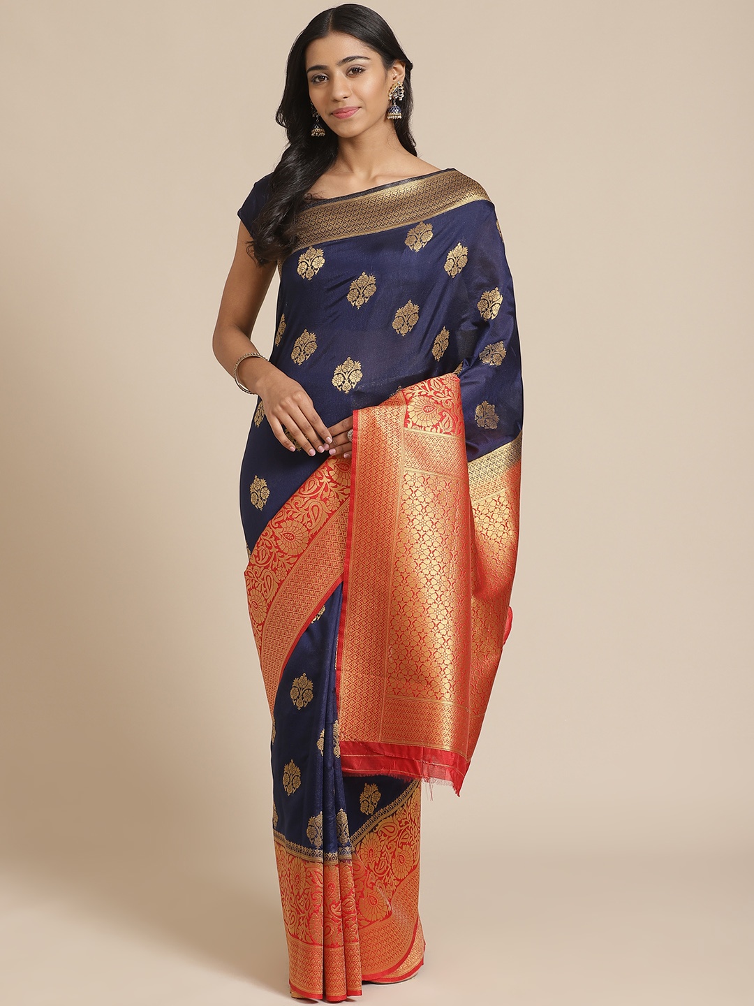 

Mitera Navy Blue & Golden Woven Design Banarasi Saree