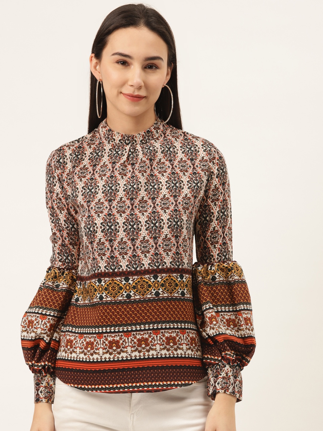 

SHECZZAR Women Beige & Maroon Printed Top