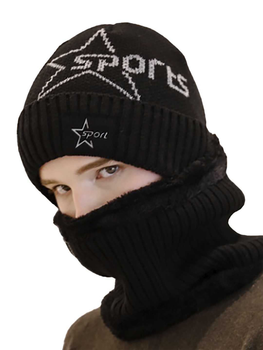 

Bunnywave Unisex Grey & Black Self-Design Beanie With Neck Warmer
