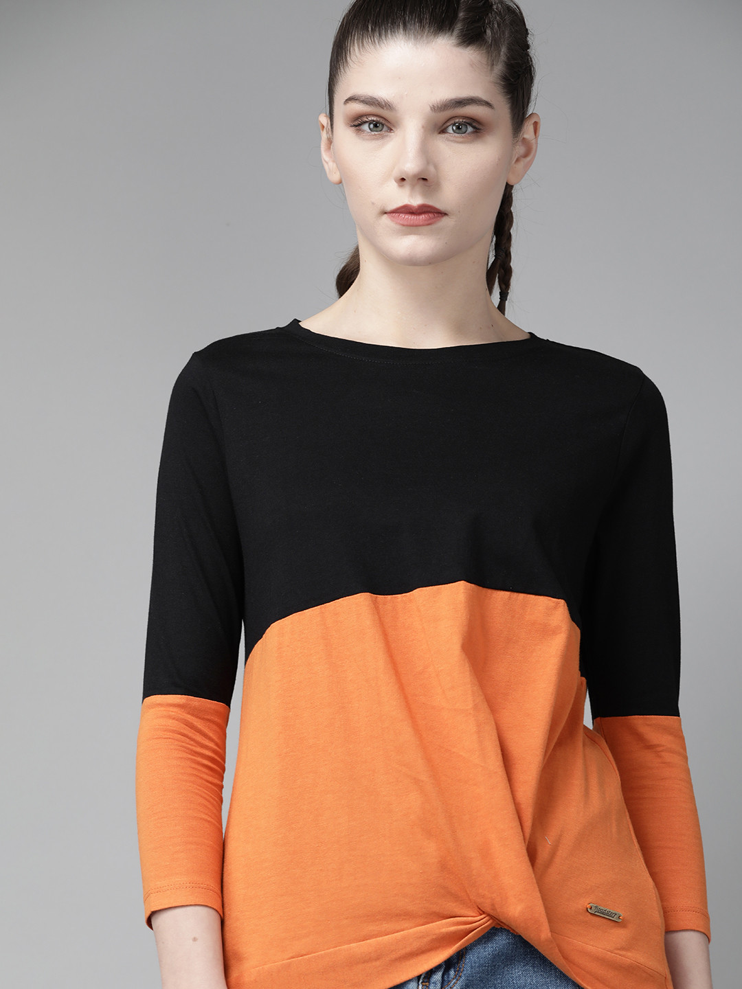 

The Roadster Lifestyle Co Black & Orange Colourblocked Twisted Regular Top