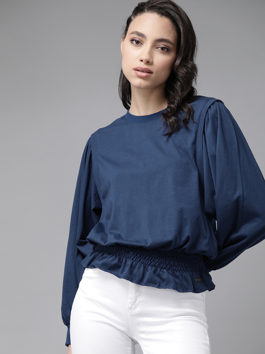 

The Roadster Lifestyle Co Women Navy Blue Solid Cinched Waist Top
