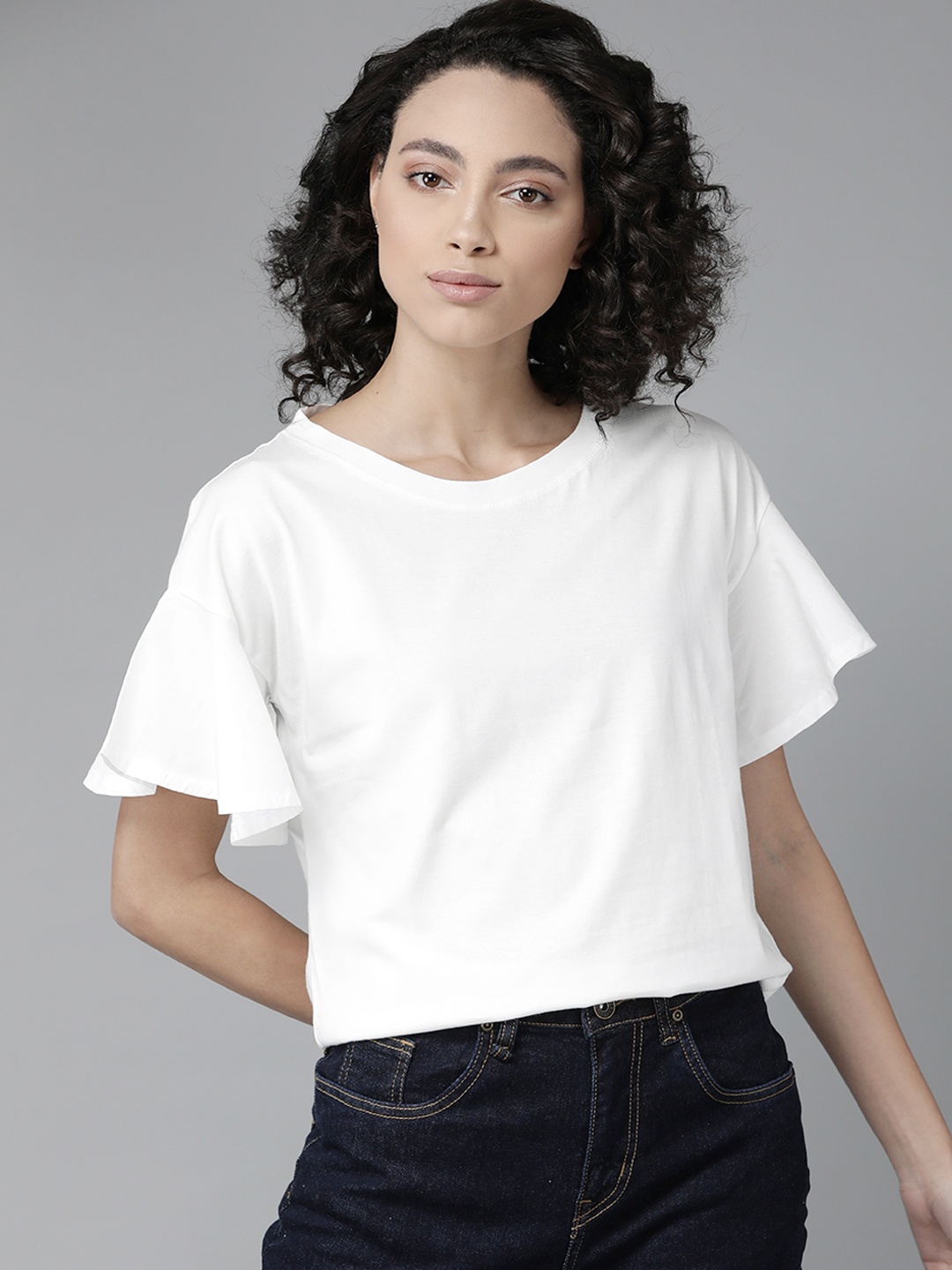 

The Roadster Lifestyle Co Women White Flared Sleeves Pure Cotton Solid Top