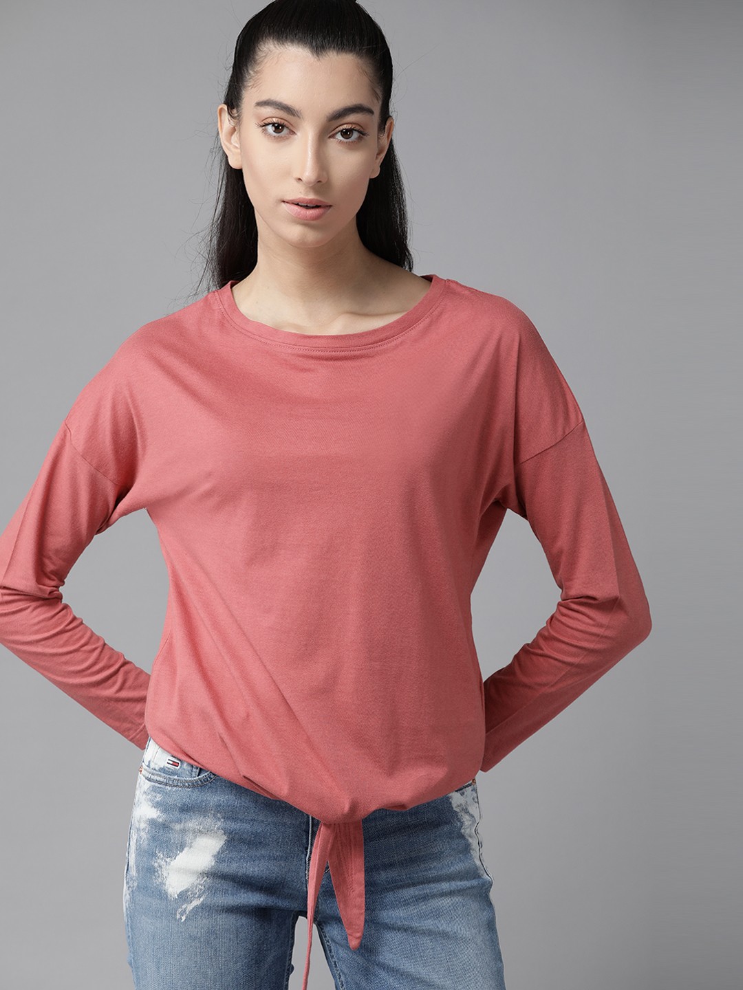 

The Roadster Lifestyle Co Pink Solid Drop-Shoulder Waist Tie-Up Regular Top