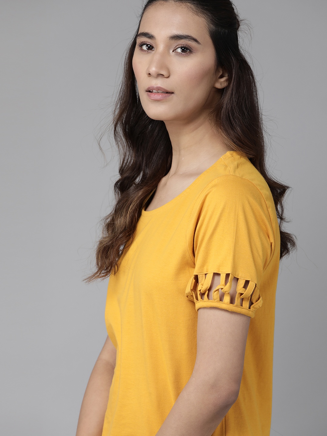 

The Roadster Lifestyle Co Women Mustard Yellow Pure Cotton Interlocking Detail Solid Top