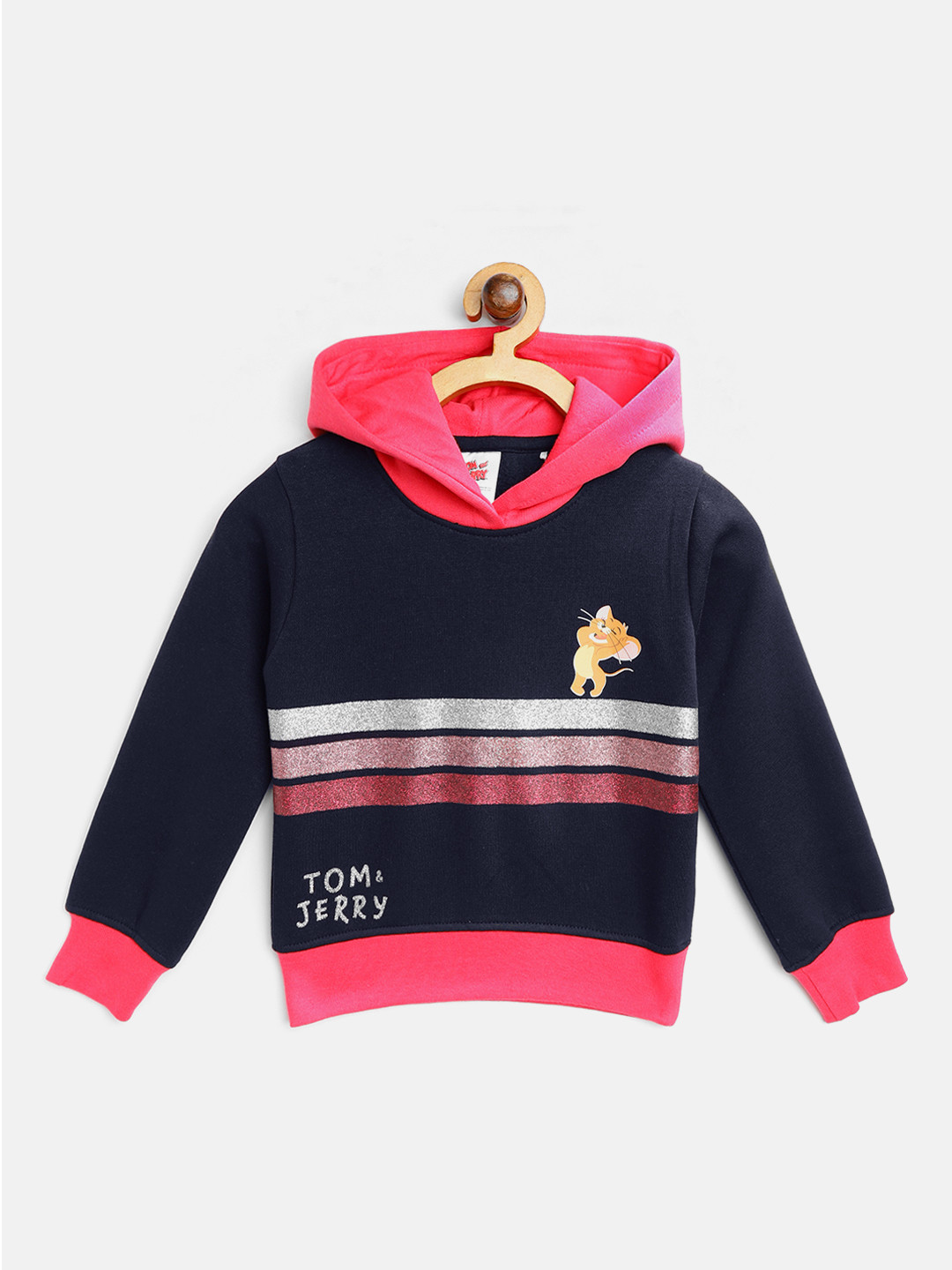 

Tom & Jerry Girls Navy Blue & Pink Glitter Striped Hooded Sweatshirt