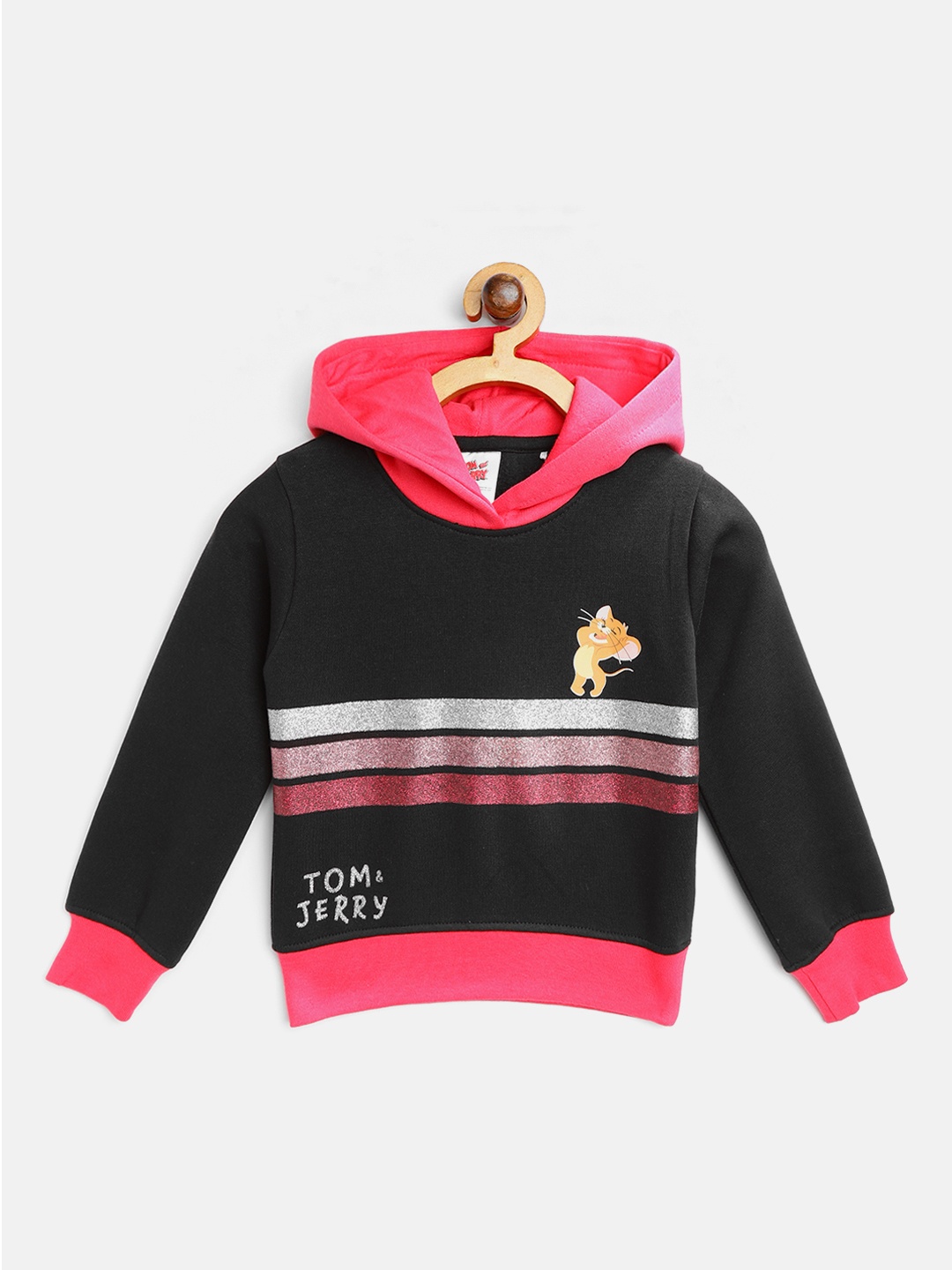 

toothless Girls Black & Pink Glitter Striped Tom & Jerry Hooded Sweatshirt
