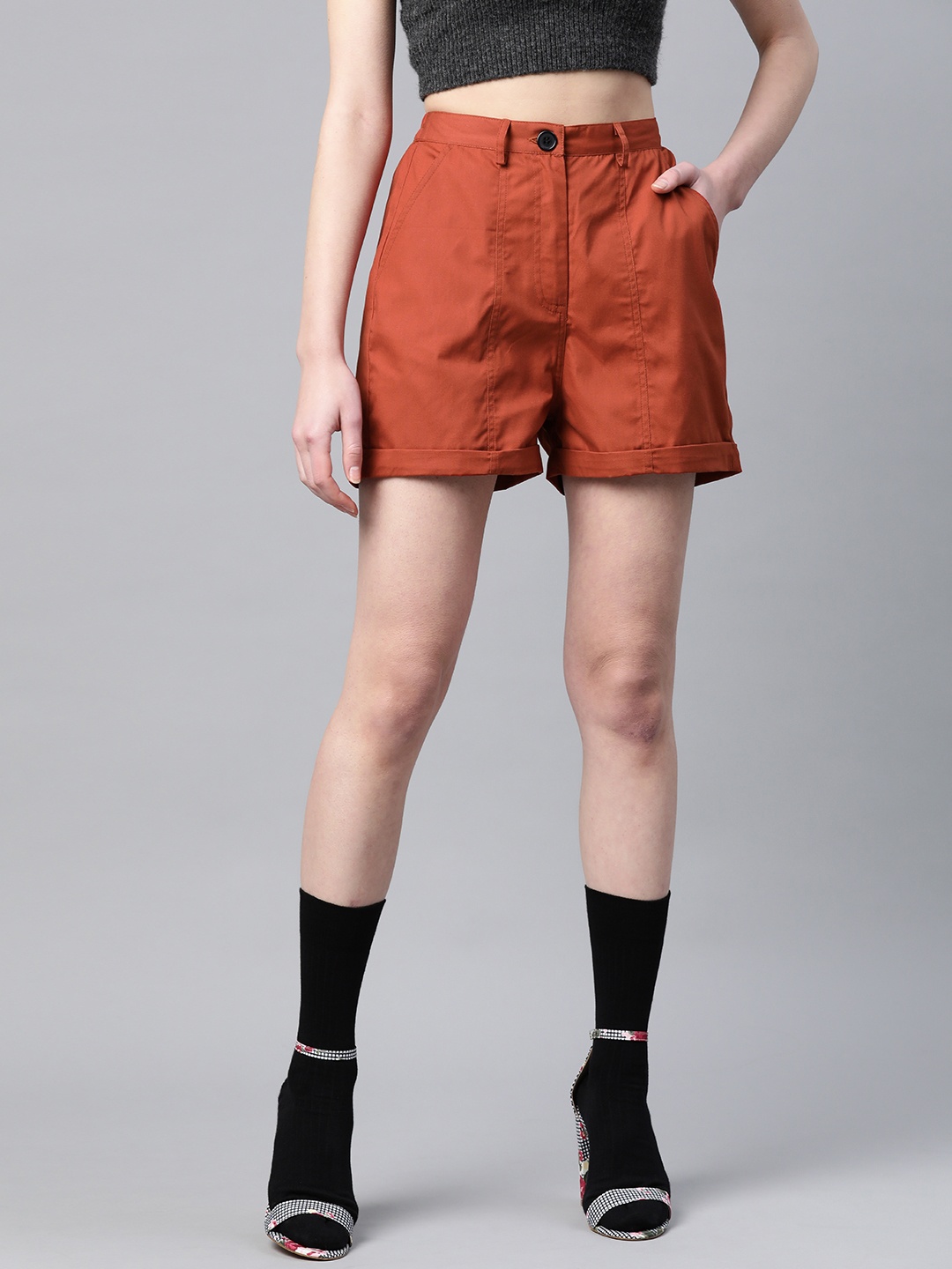 

Popnetic Women Rust Orange Solid Regular Fit Pure Cotton Shorts