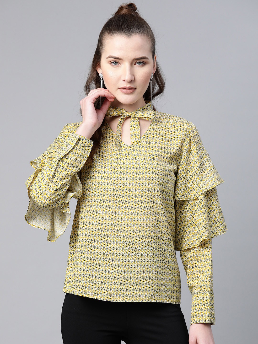 

Popnetic Women Mustard Yellow & Navy Blue Printed Pure Cotton Top
