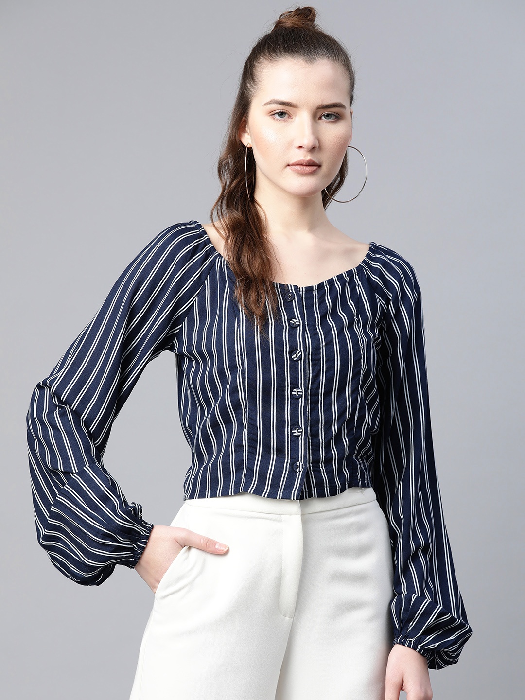 

Popnetic Women Navy Blue & White Striped Puff Sleeves Top