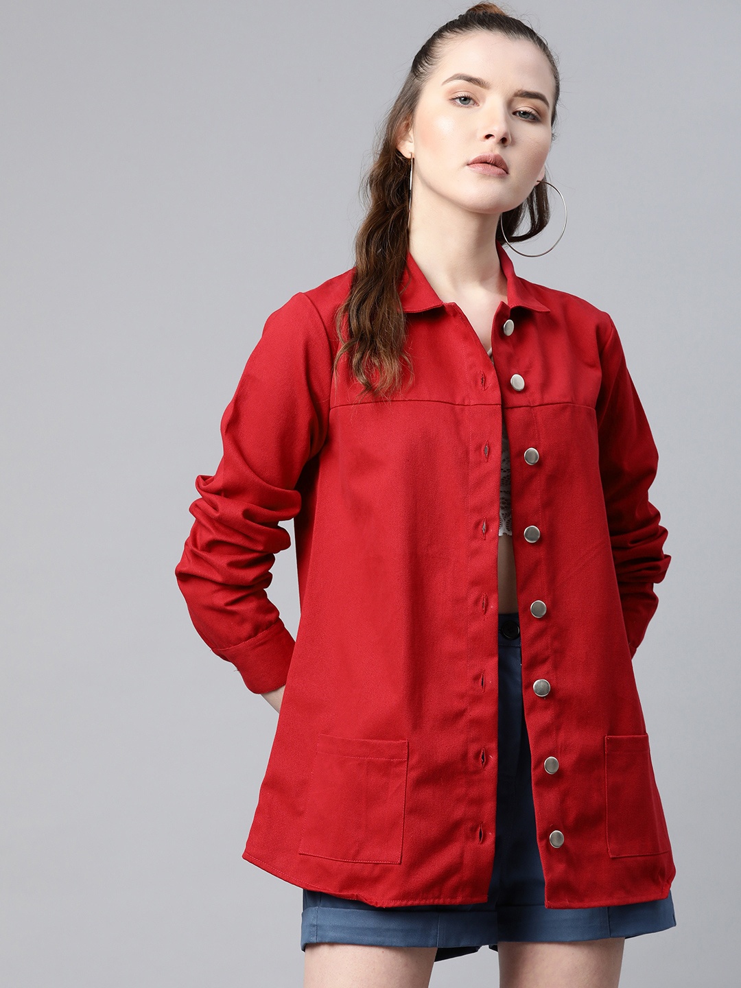 

Popnetic Women Red Pure Cotton Solid Shacket