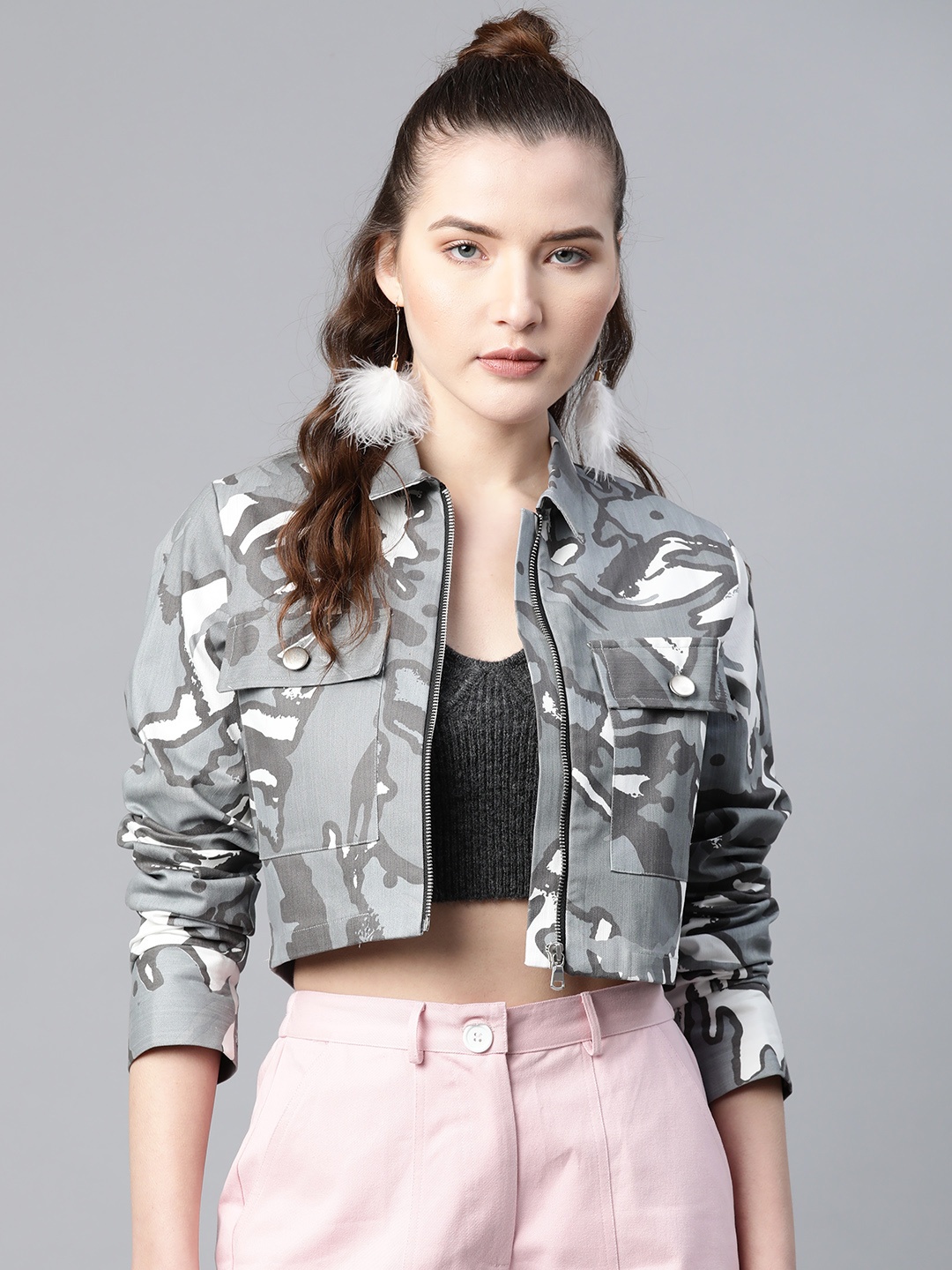 

Popnetic Women Grey & White Camouflage Print Pure Cotton Crop Jacket