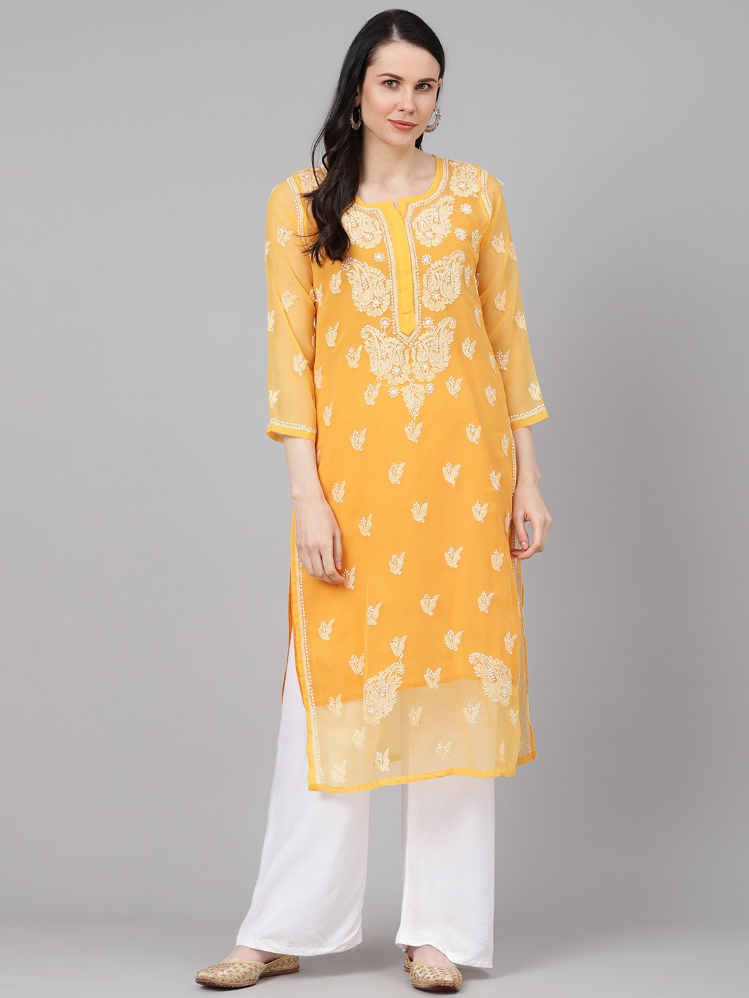 

ADA Women Mustard Yellow & Off-White Sheer Chikankari Embroidered Handloom Kurta with Inner