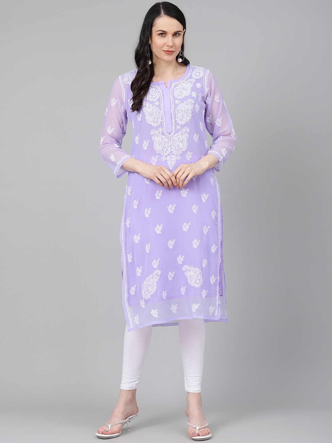 

ADA Women Lavender & White Sheer Chikankari Embroidered Straight Handloom Kurta with Inner
