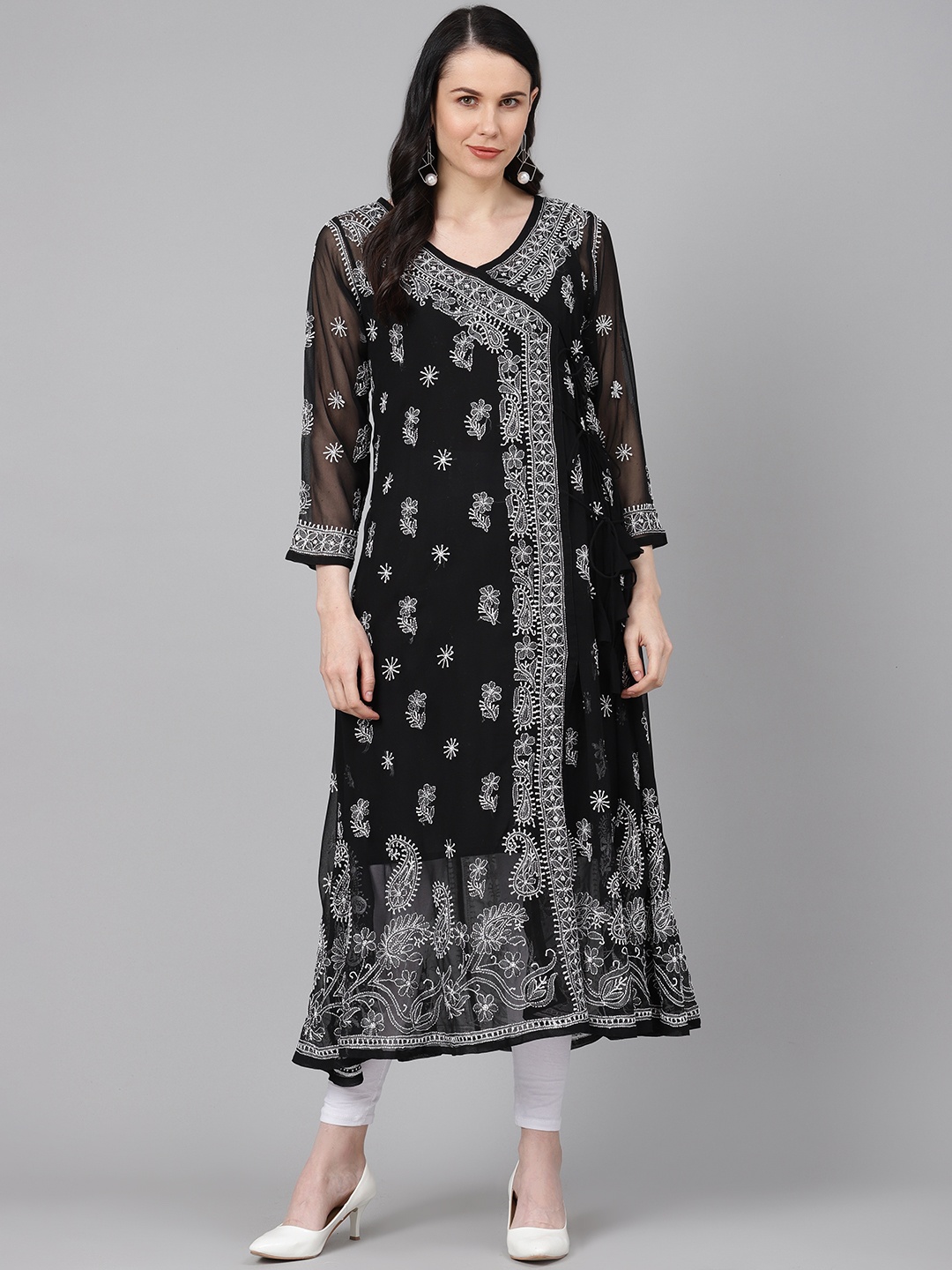 

ADA Women Black & White Sheer Chikankari Embroidered Angrakha A-Line Sustainable Handloom Kurta with Inner