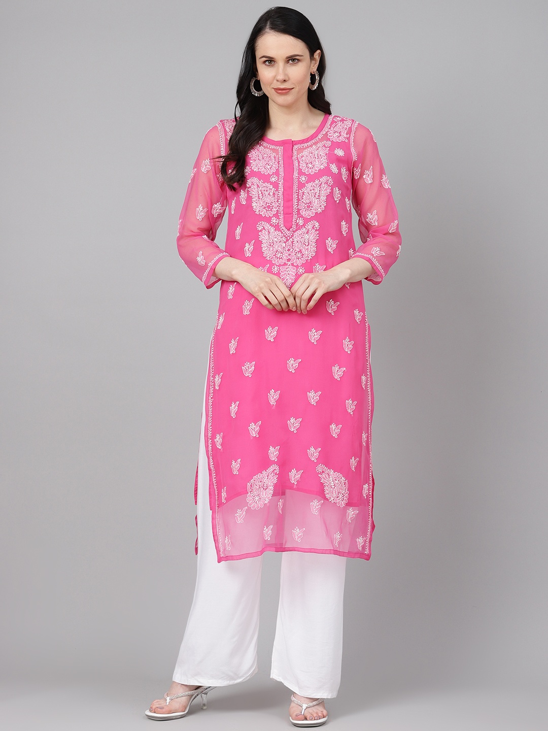 

ADA Women Pink & White Sheer Chikankari Embroidered Straight Handloom Kurta with Inner