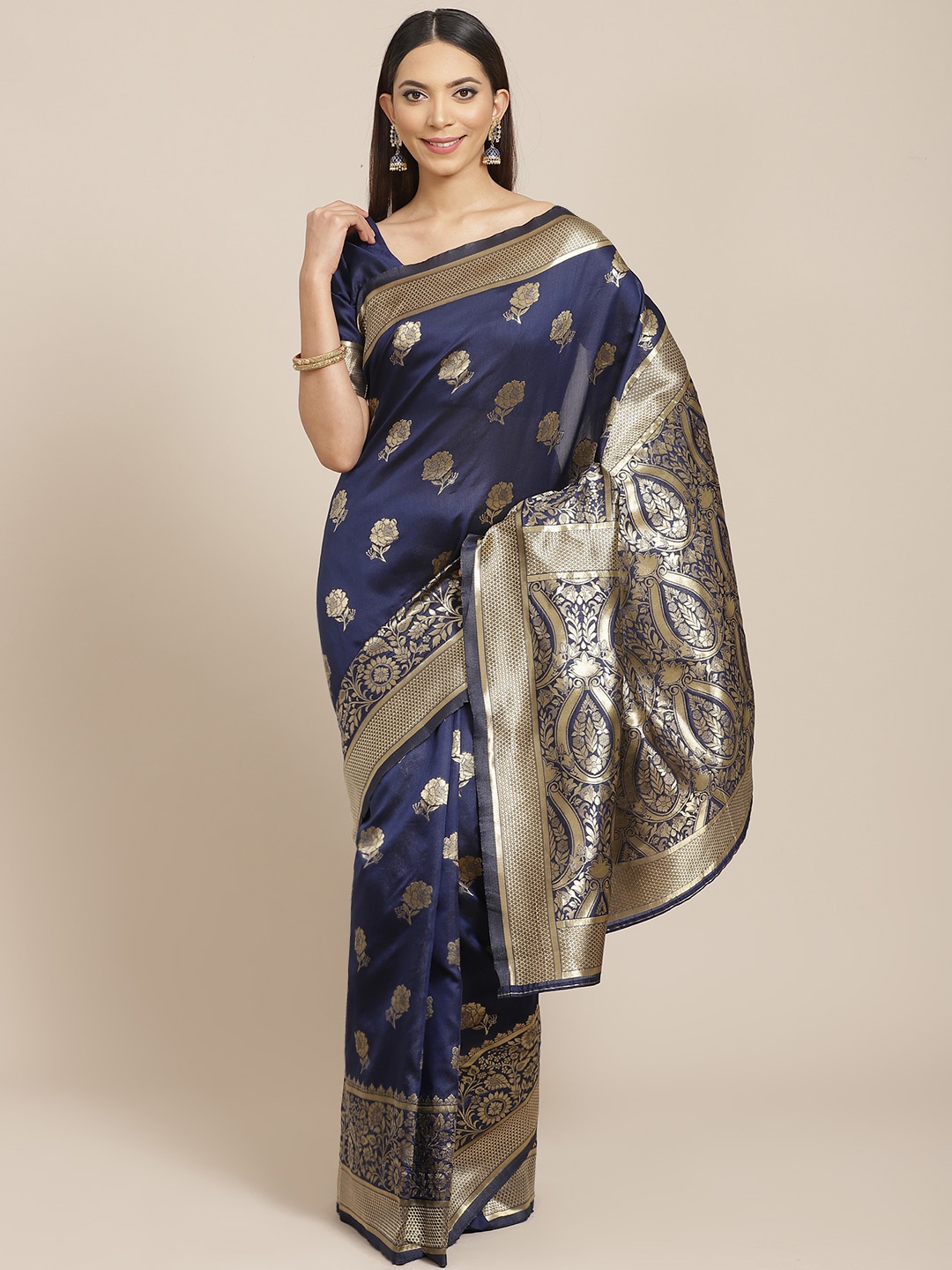 

Libas Navy Blue & Golden Floral Woven Design Saree