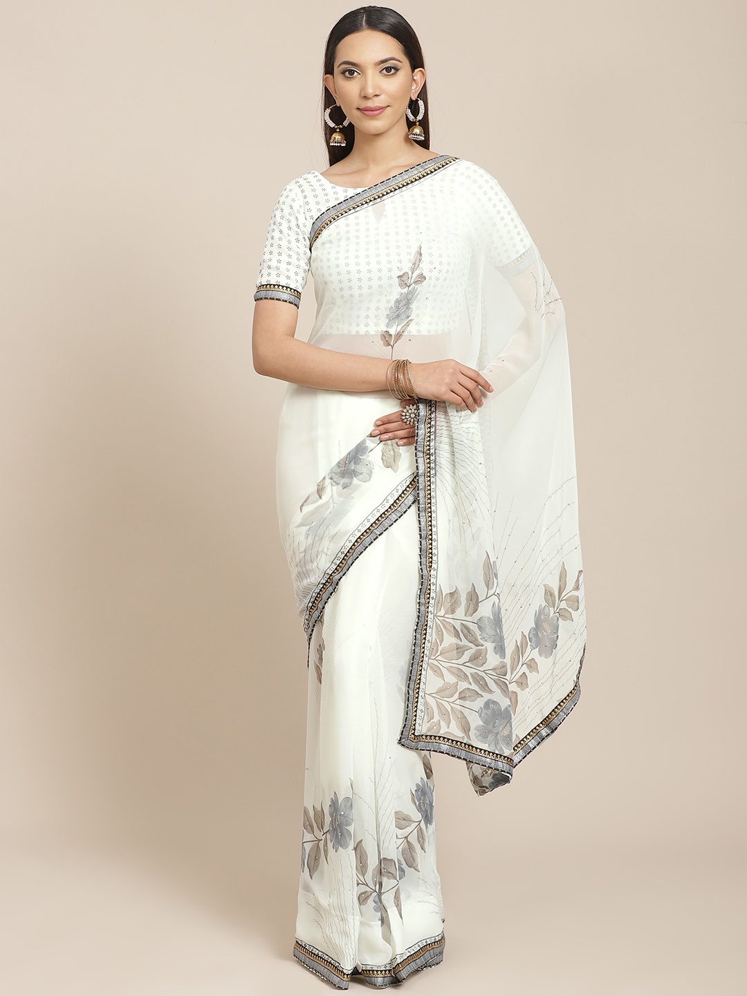 

Libas Off-White & Charcoal Grey Pure Chiffon Floral Printed Detail Saree