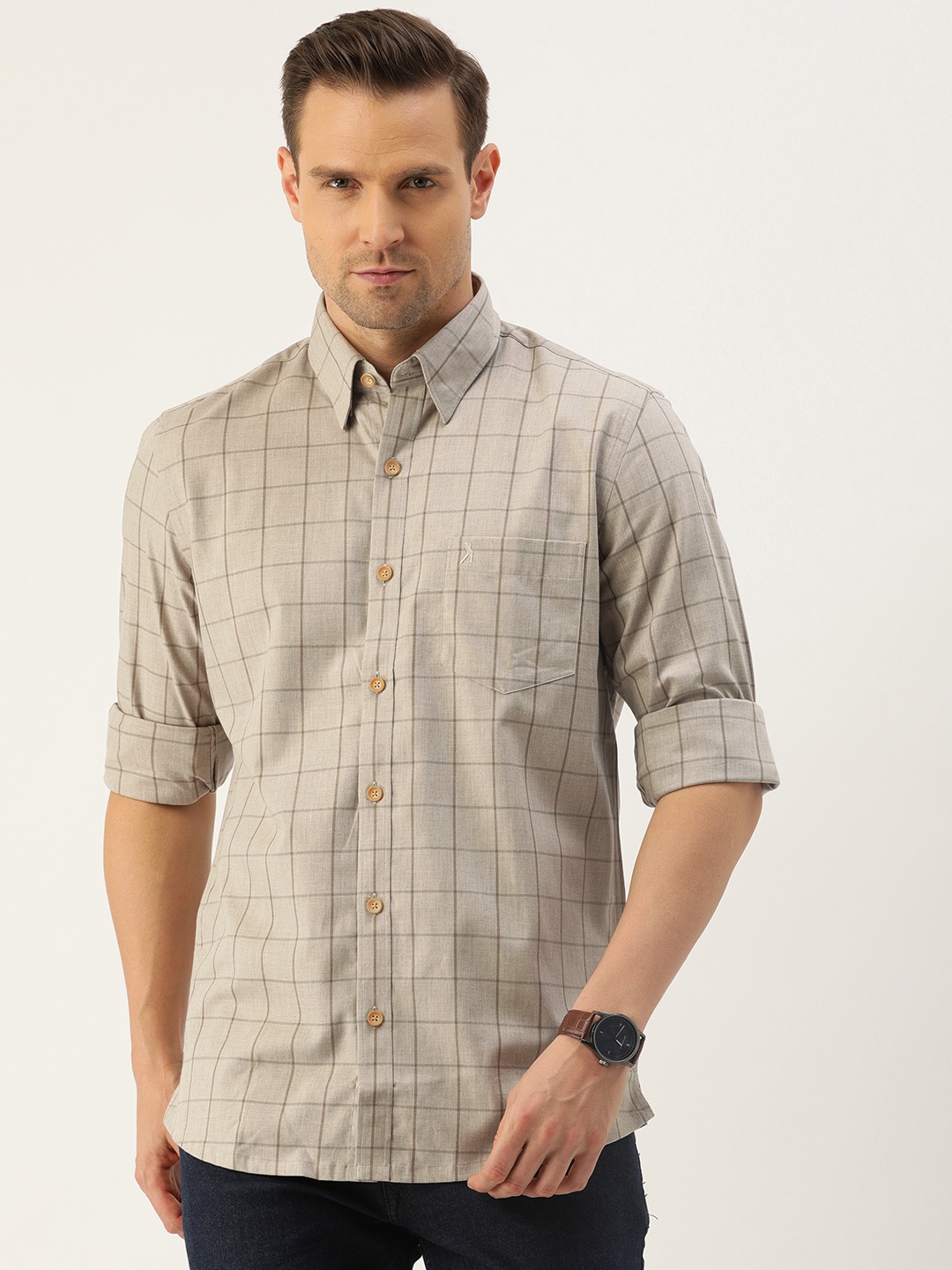 

Burnt Umber Men Beige Comfort Regular Fit Checked Casual Shirt