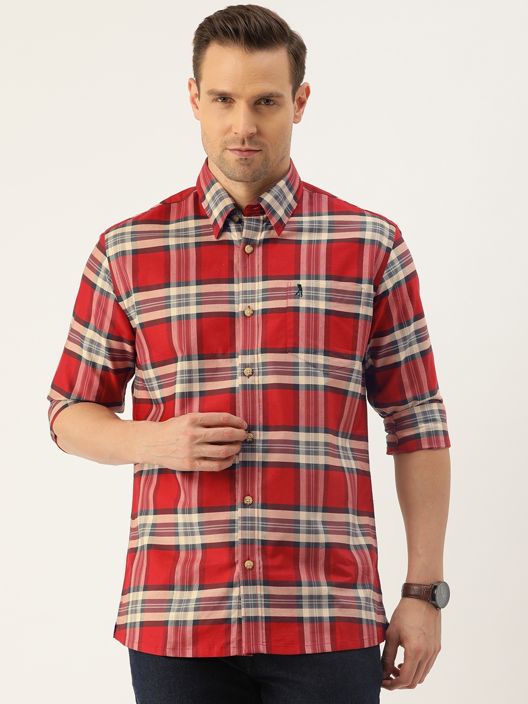 

Burnt Umber Men White & Orange Regular Fit Checked Casual Shirt