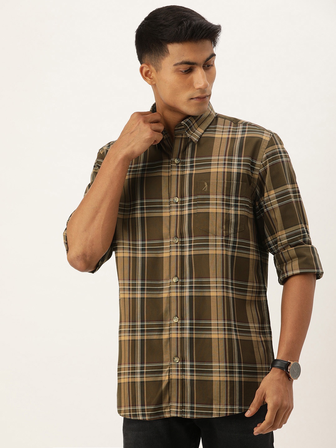 

Burnt Umber Men Brown & Khaki Regular Fit Checked Casual Shirt