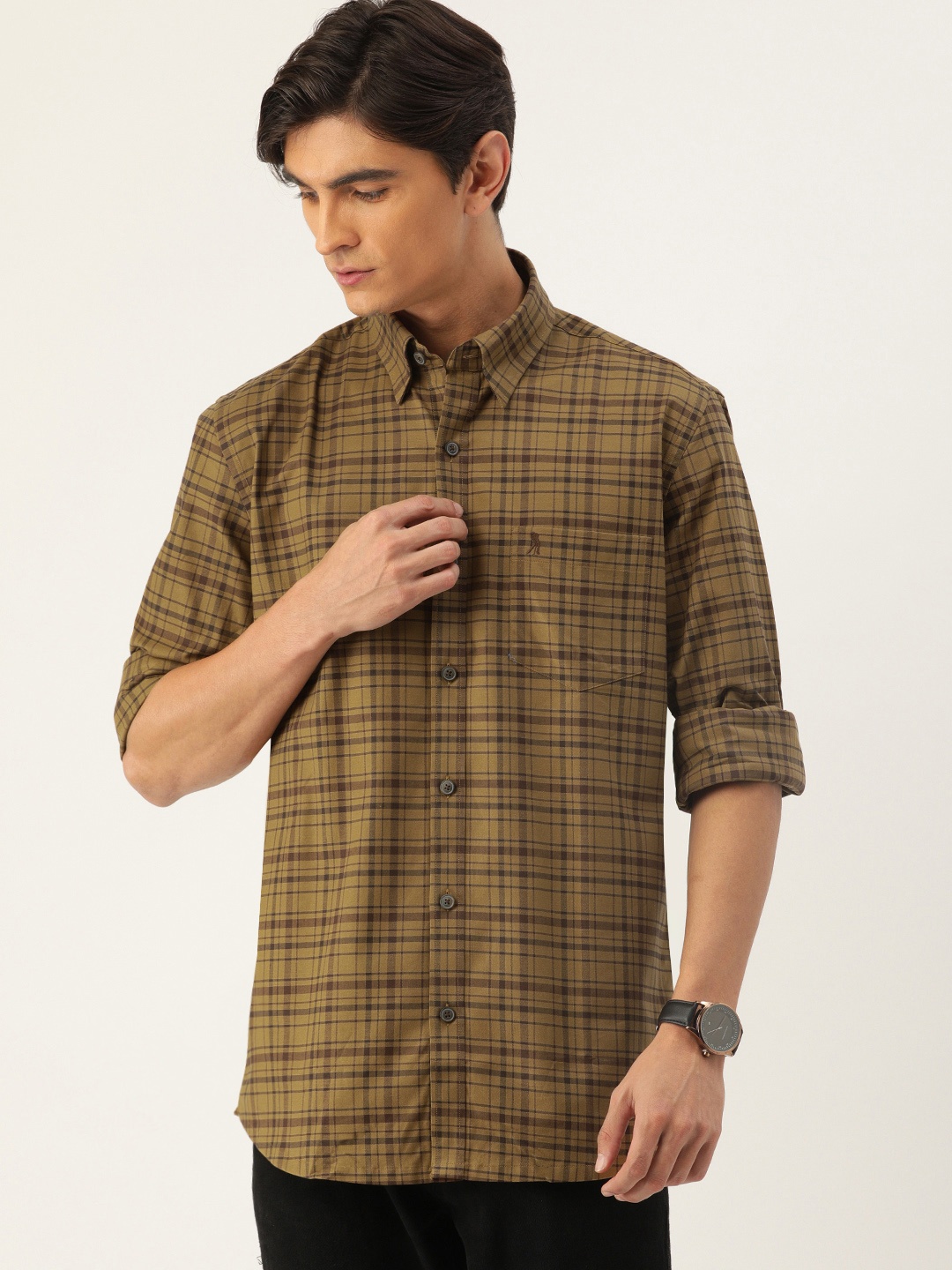 

Burnt Umber Men Brown Comfort Fit Checked Casual Cotton-Linen Shirt