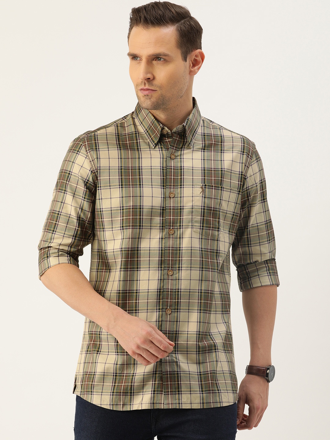 

Burnt Umber Men Cream-Coloured & Olive Green Slim Fit Checked Casual Shirt