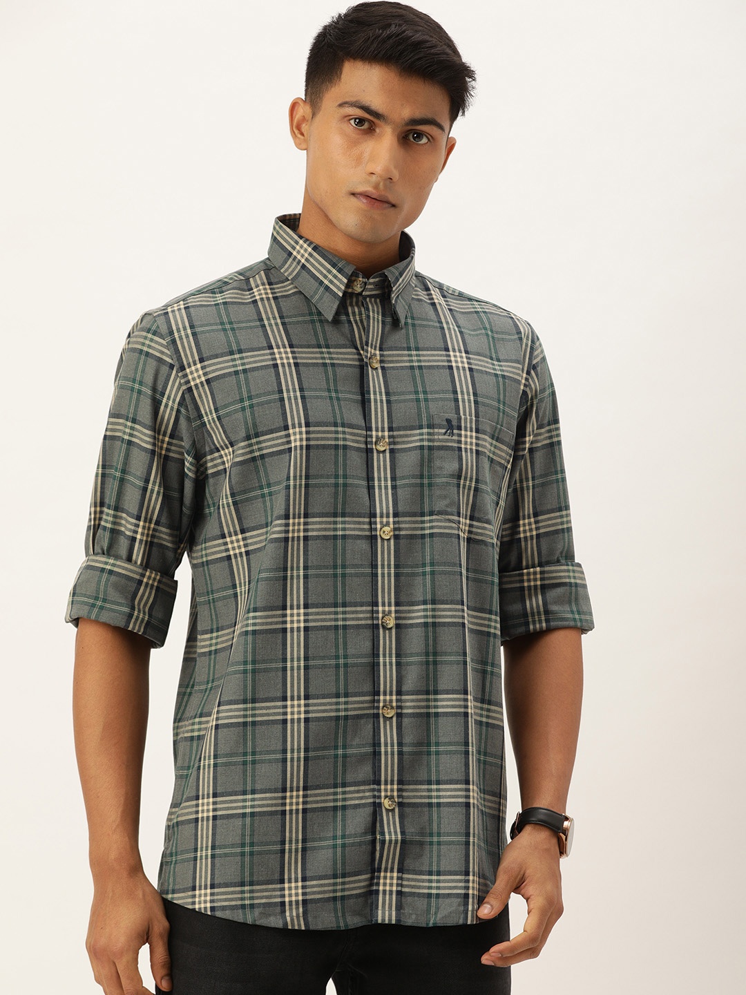 

Burnt Umber Men Grey & White Comfort Fit Checked Casual Shirt