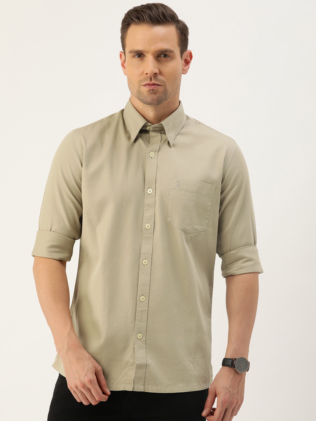 

Burnt Umber Men Beige Comfort Regular Fit Solid Casual Shirt