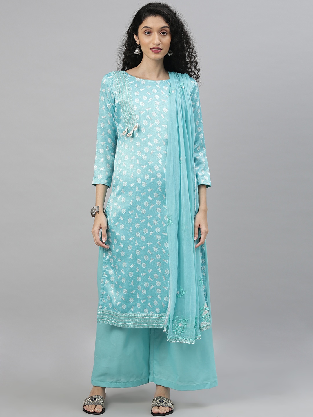

DIVASTRI Turquoise Blue & White Satin Unstitched Dress Material