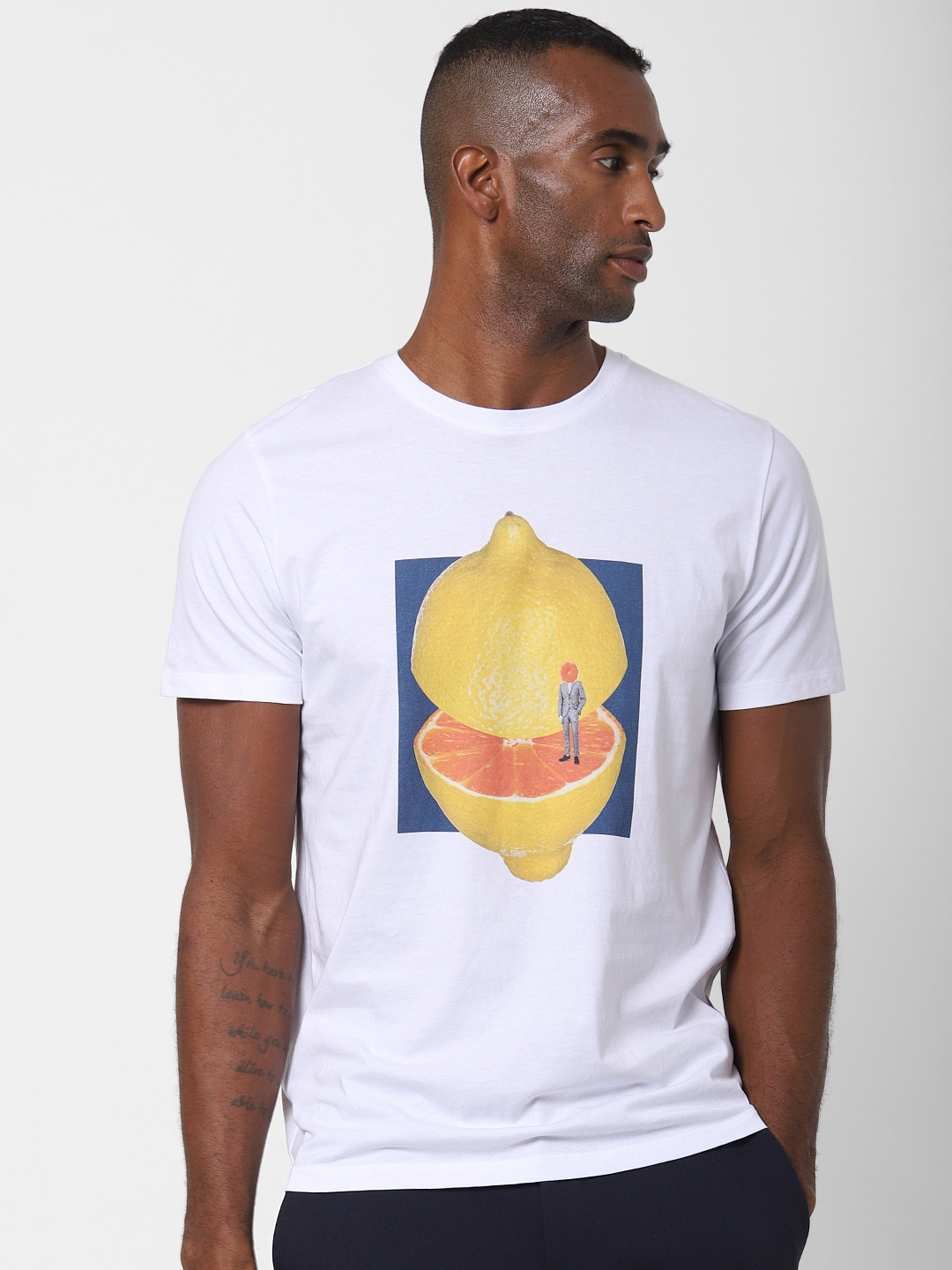 

SELECTED Men White Printed Round Neck Organic Cotton T-shirt