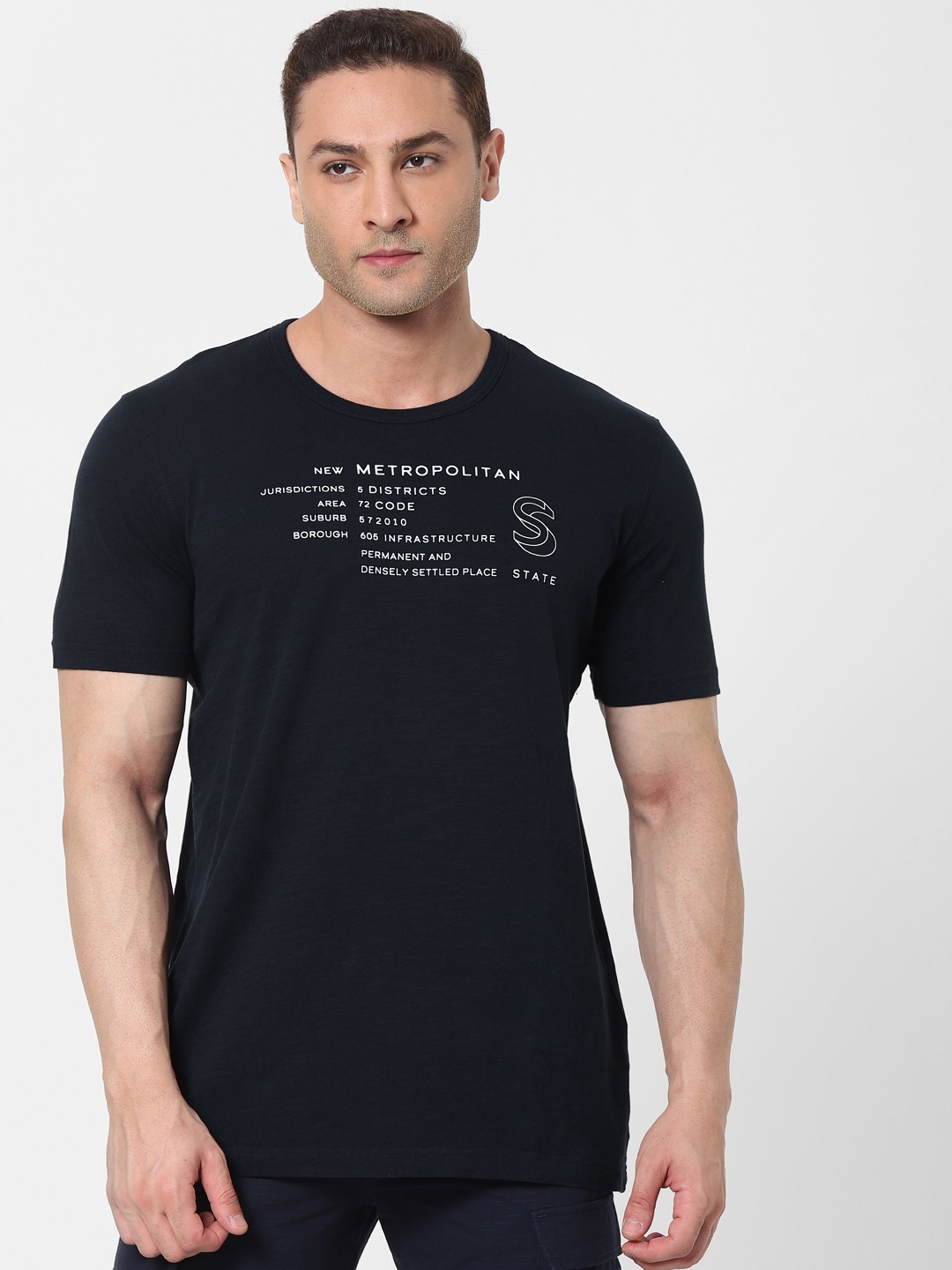 

SELECTED Men Navy Blue & White Typography Printed Organic Cotton T-shirt