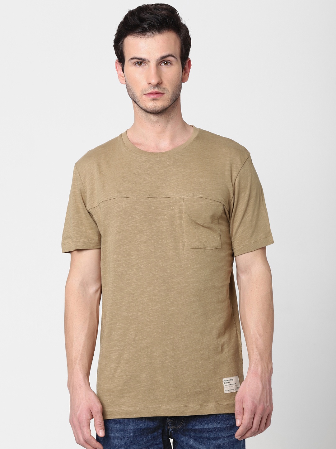 

SELECTED Men Beige Solid Round Neck T-shirt
