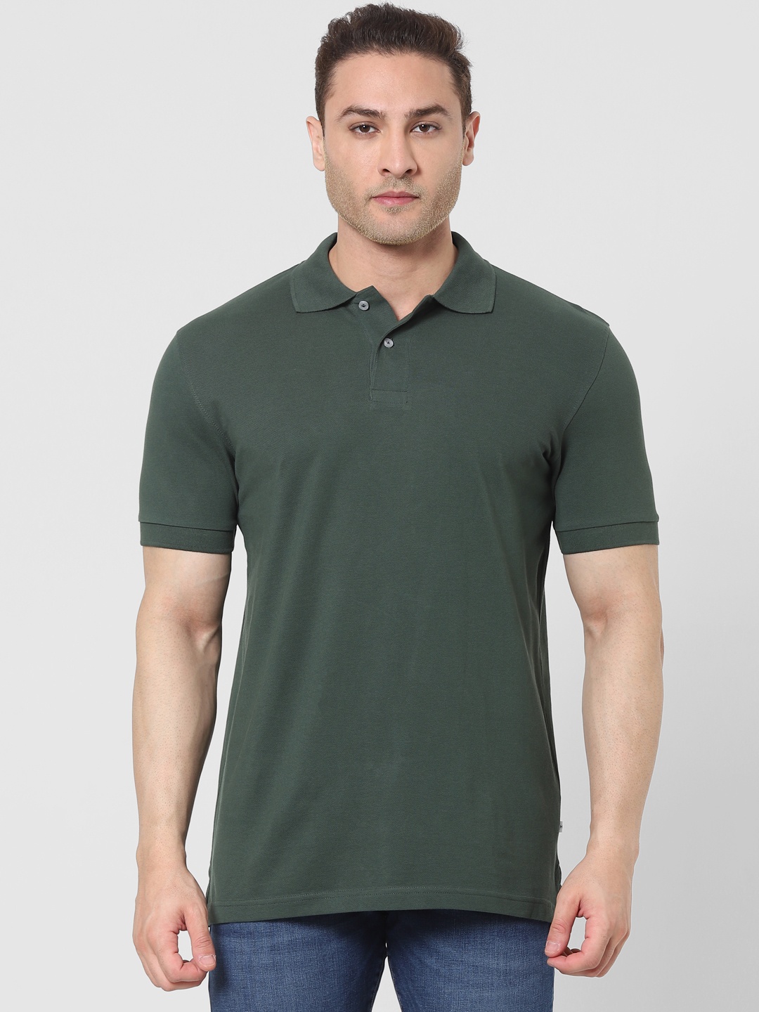 

SELECTED Men Green Solid Polo Collar T-shirt