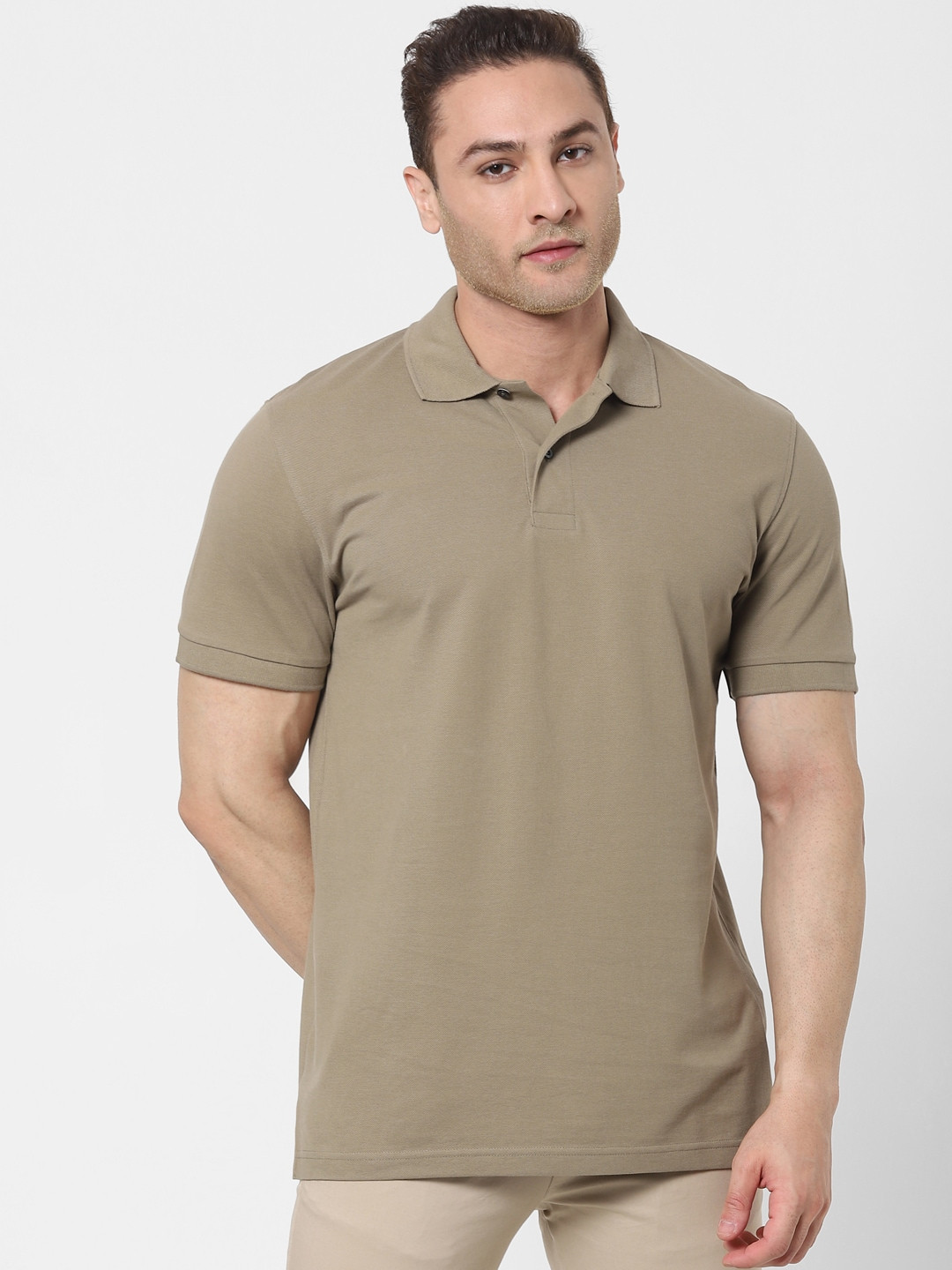 

SELECTED Men Khaki Solid Organic Cotton Polo Collar T-shirt