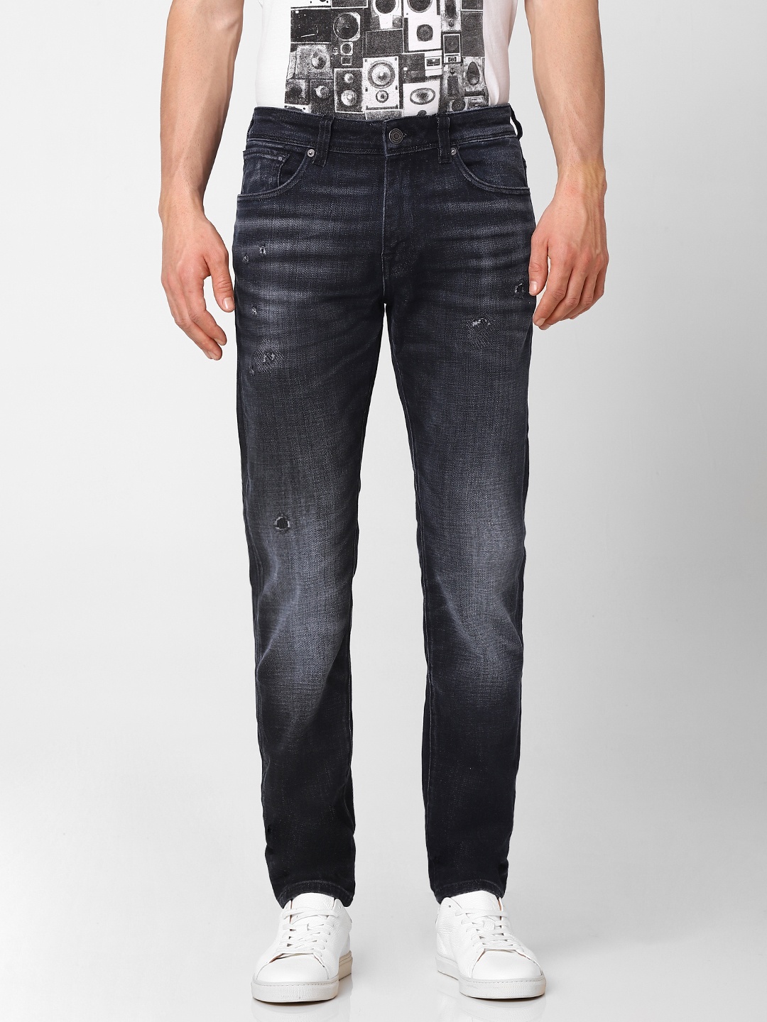 

SELECTED Men Black Leon Slim Fit Mid-Rise Mildly Distressed Stretchable Jeans