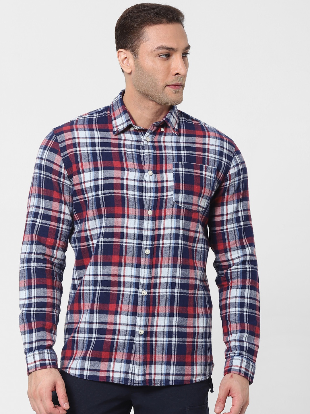 

SELECTED Men Navy Blue & White Tartan Checked Organic Cotton Casual Shirt