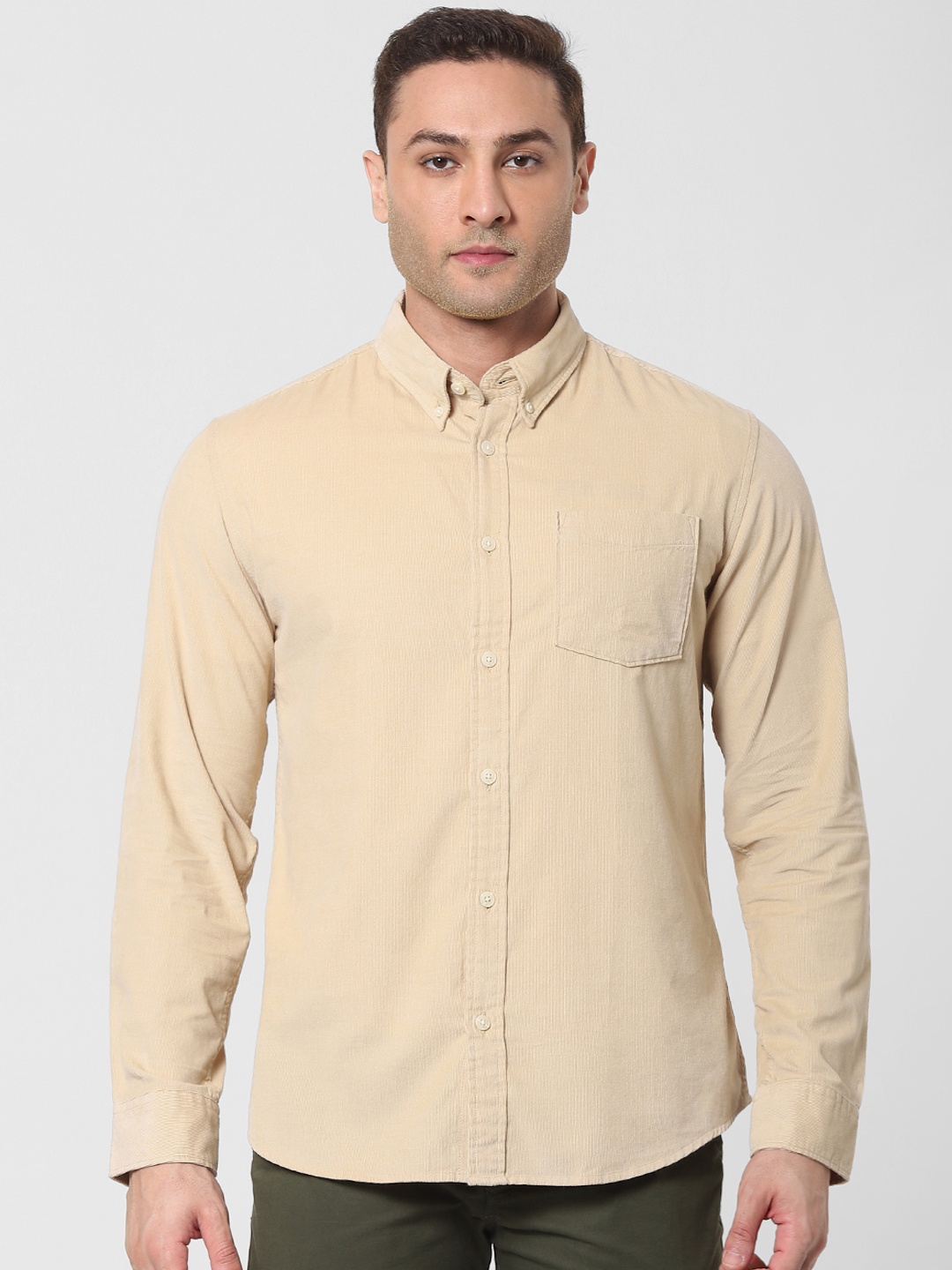 

SELECTED Men Beige Solid Slim Fit Casual Corduroy Shirt