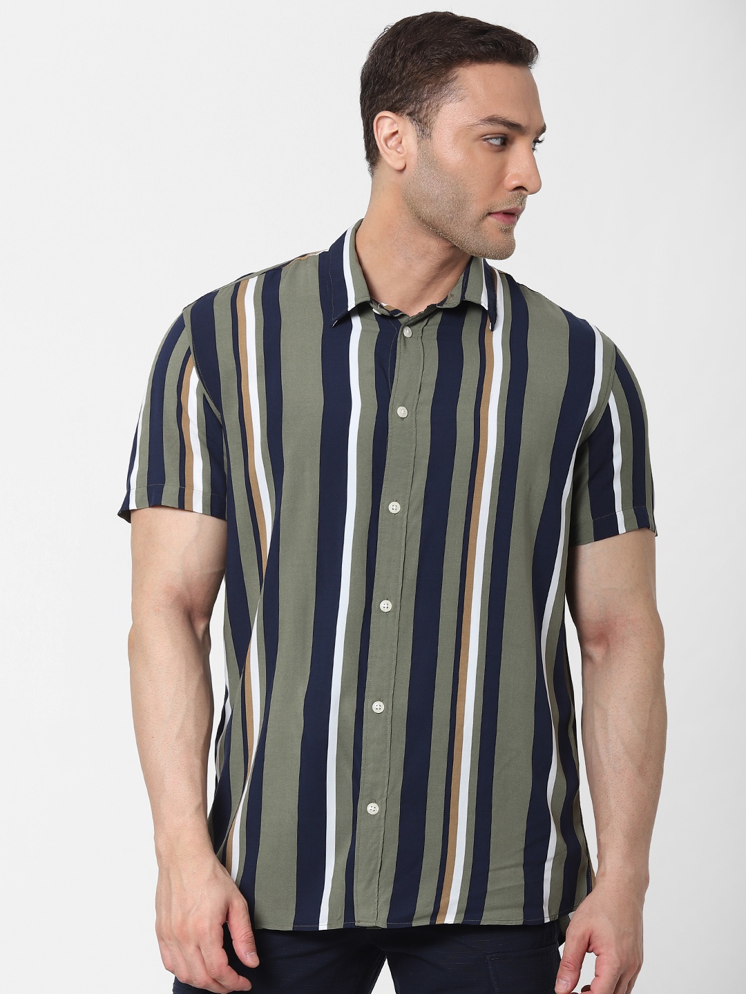 

SELECTED Men Olive Green & Navy Blue Striped Casual Shirt