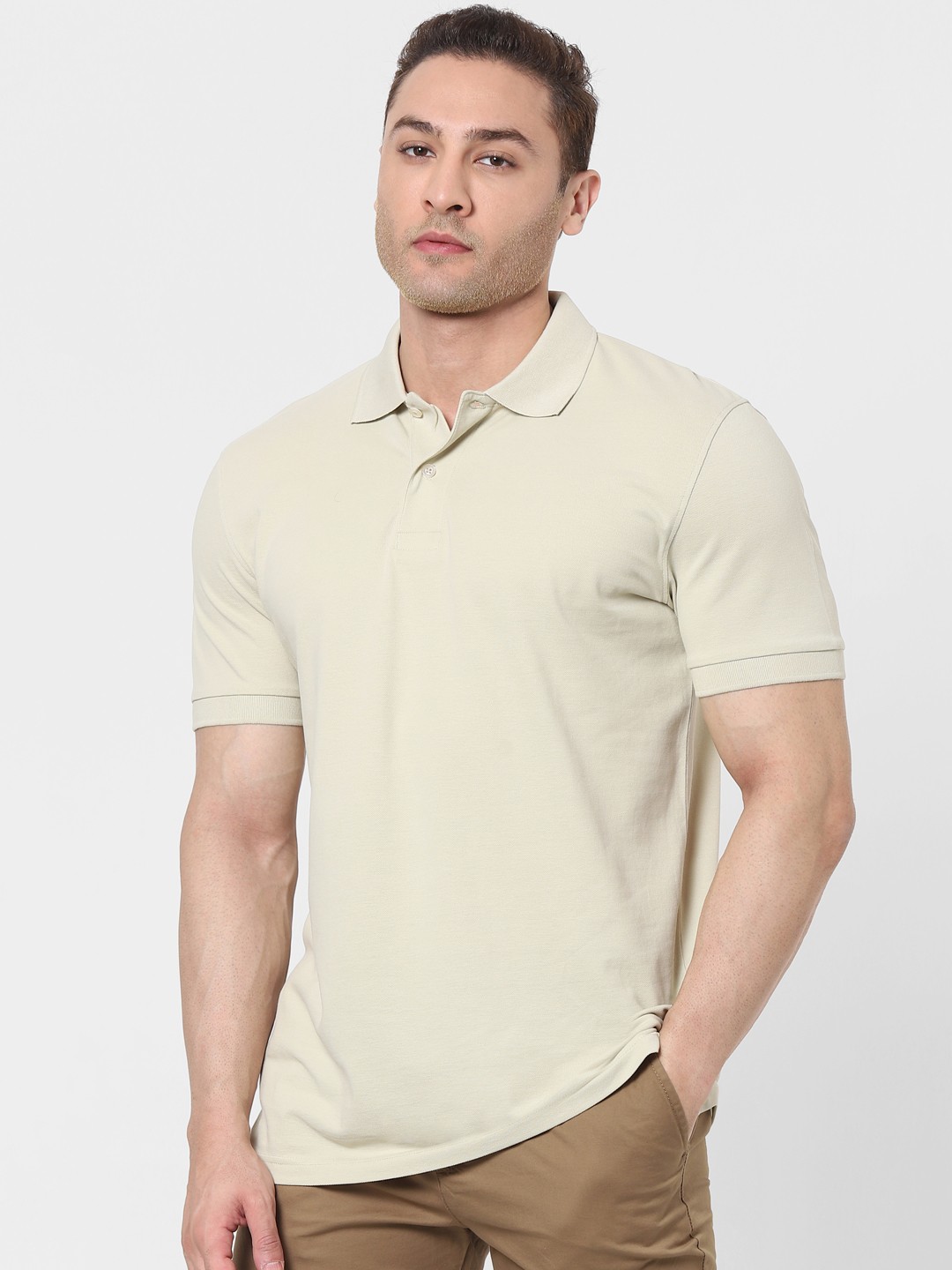 

SELECTED Men Cream-Coloured Solid Organic Cotton Polo Collar T-shirt