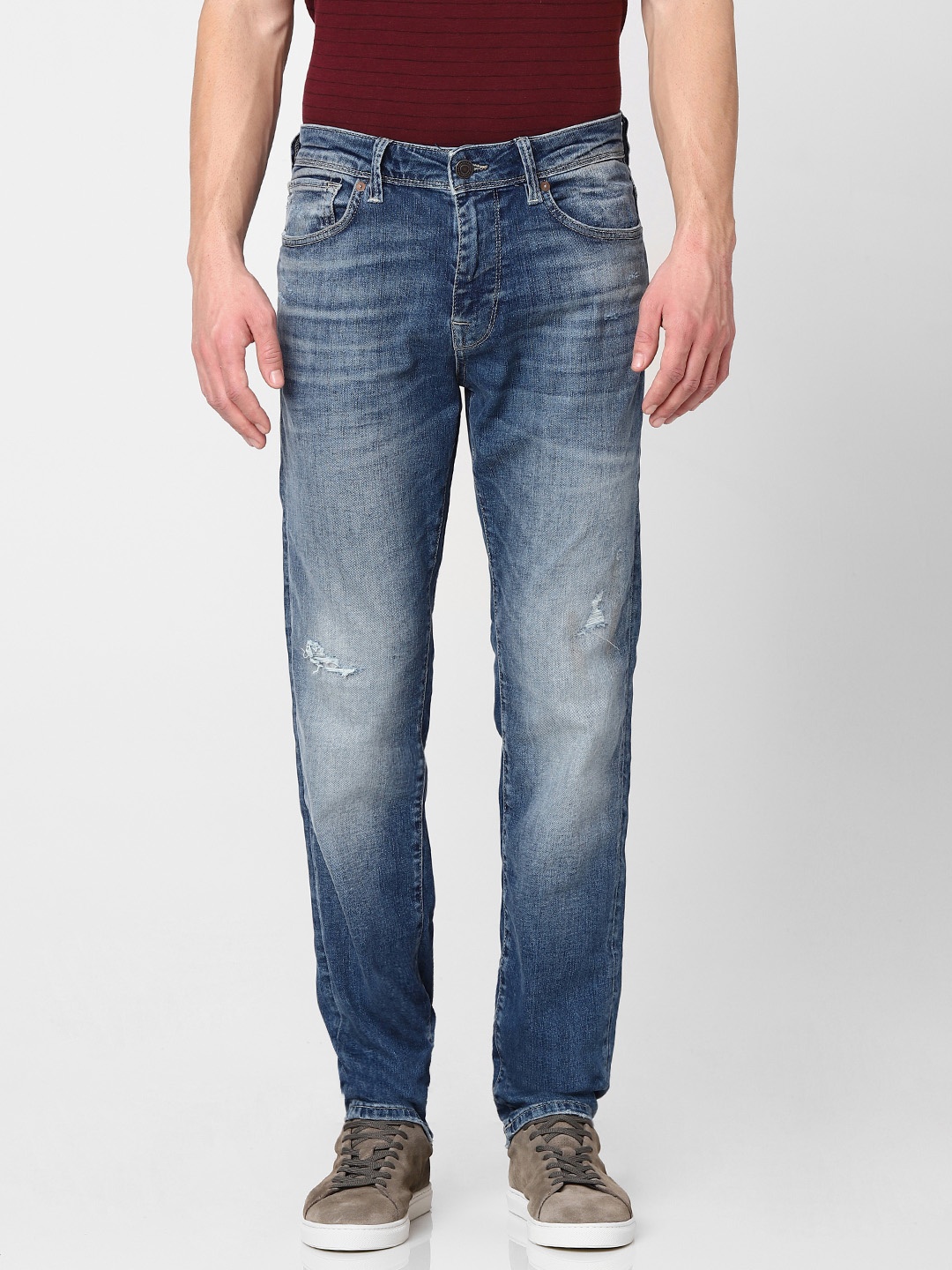 

SELECTED Men Blue Leon Slim Fit Mid-Rise Mildly Distressed Stretchable Jeans