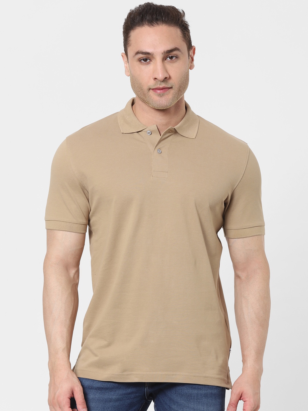 

SELECTED Men Beige Solid Organic Cotton Polo Collar T-shirt
