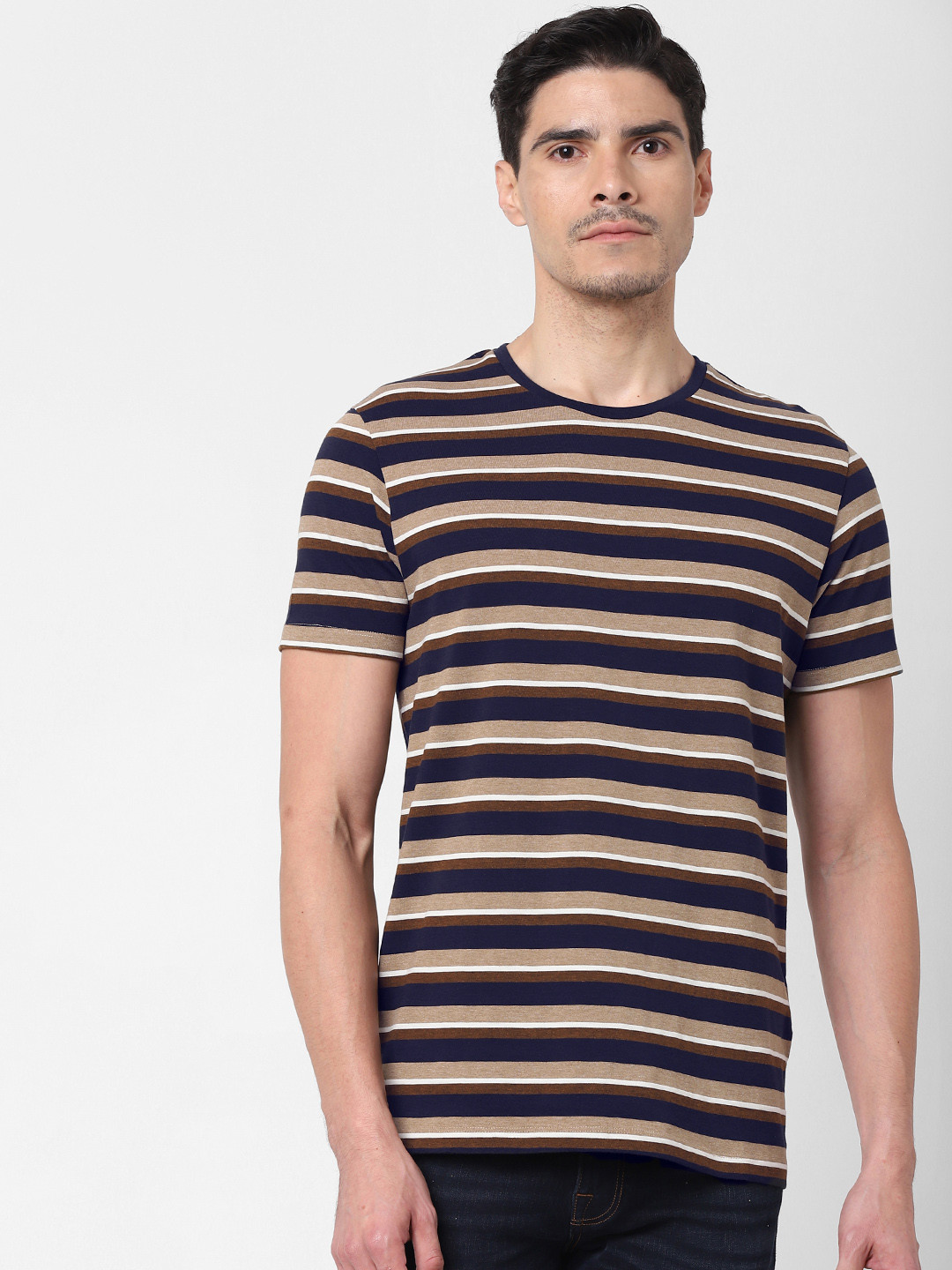 

SELECTED Men Brown & White Striped Round Neck T-shirt