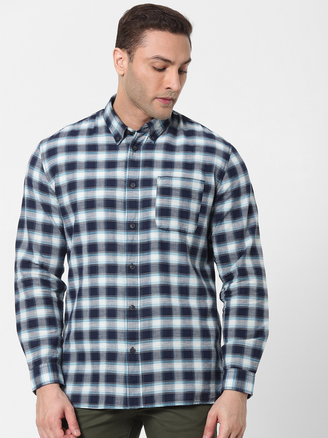 

SELECTED Men Blue & White Gingham Checked Organic Cotton Casual Shirt
