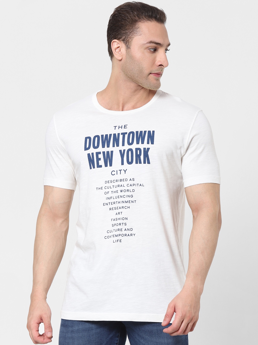 

SELECTED Men White & Navy Blue Typography Printed Organic Cotton T-shirt