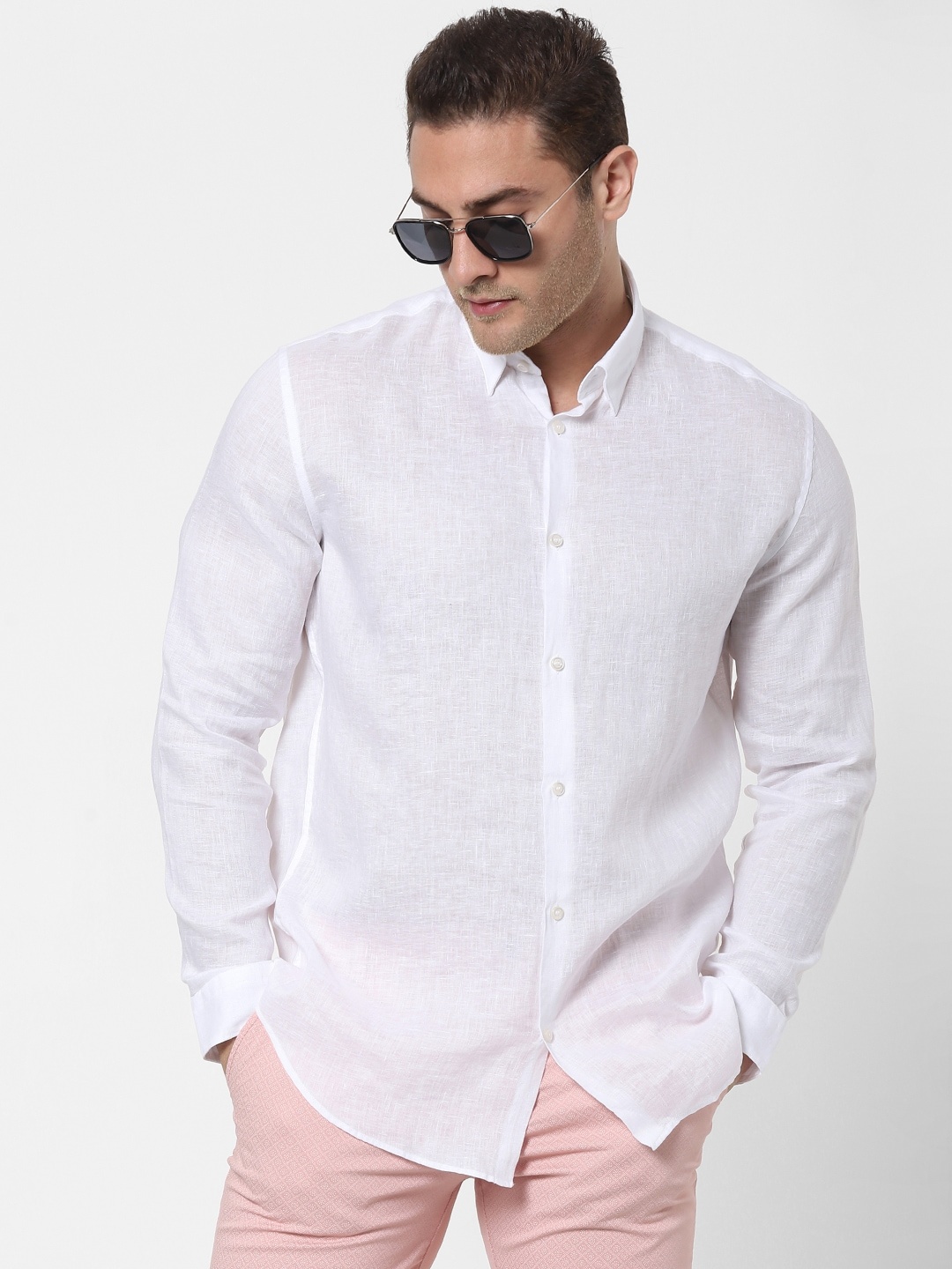 

SELECTED Men White Solid Linen Casual Shirt