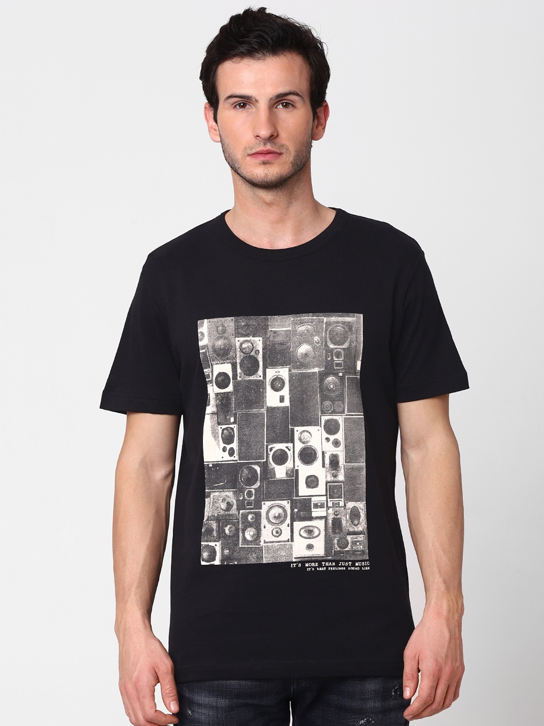 

SELECTED Men Black Printed Round Neck Organic Cotton T-shirt