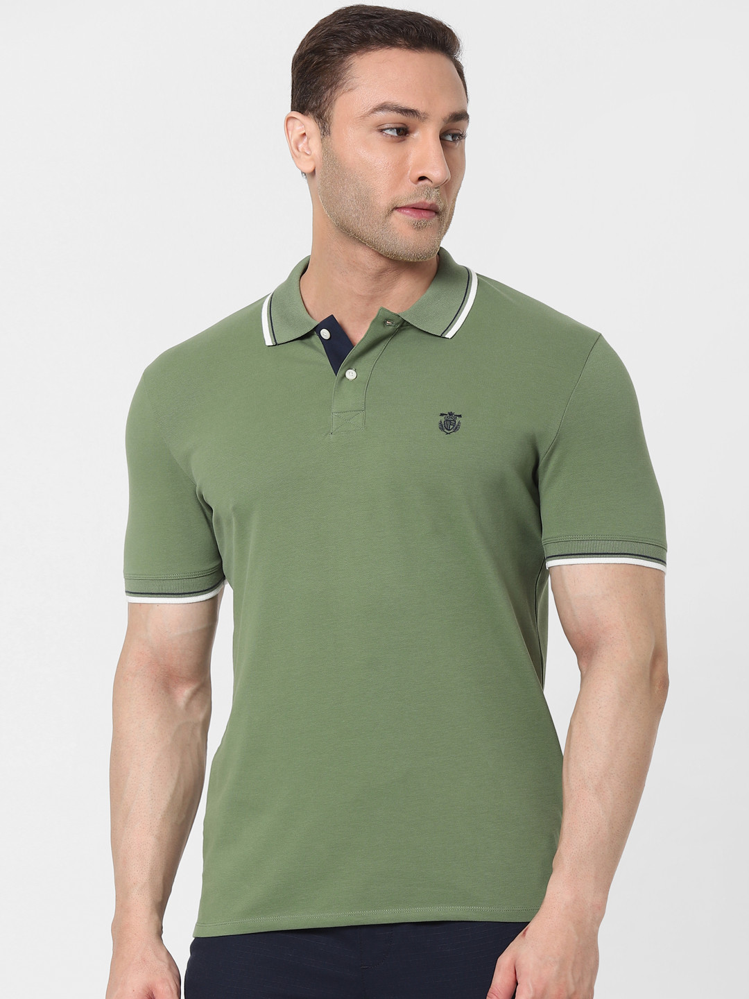 

SELECTED Men Olive Green Solid Polo Collar T-shirt