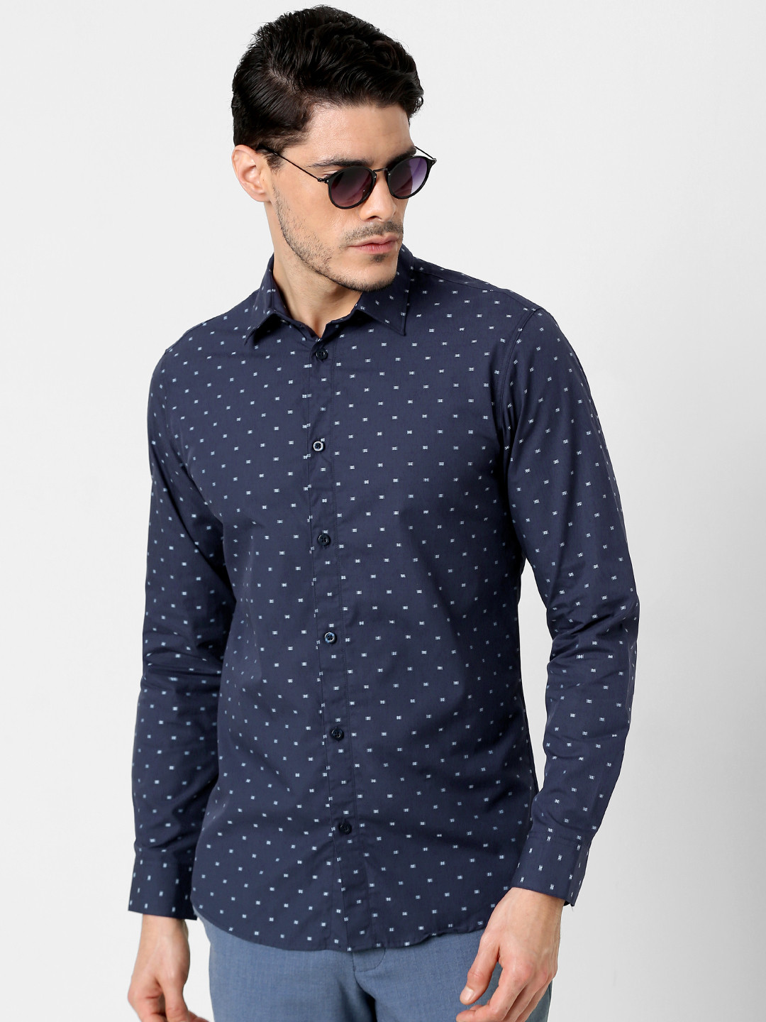 

SELECTED Men Navy Blue & White Slim Fit Self Design Casual Shirt