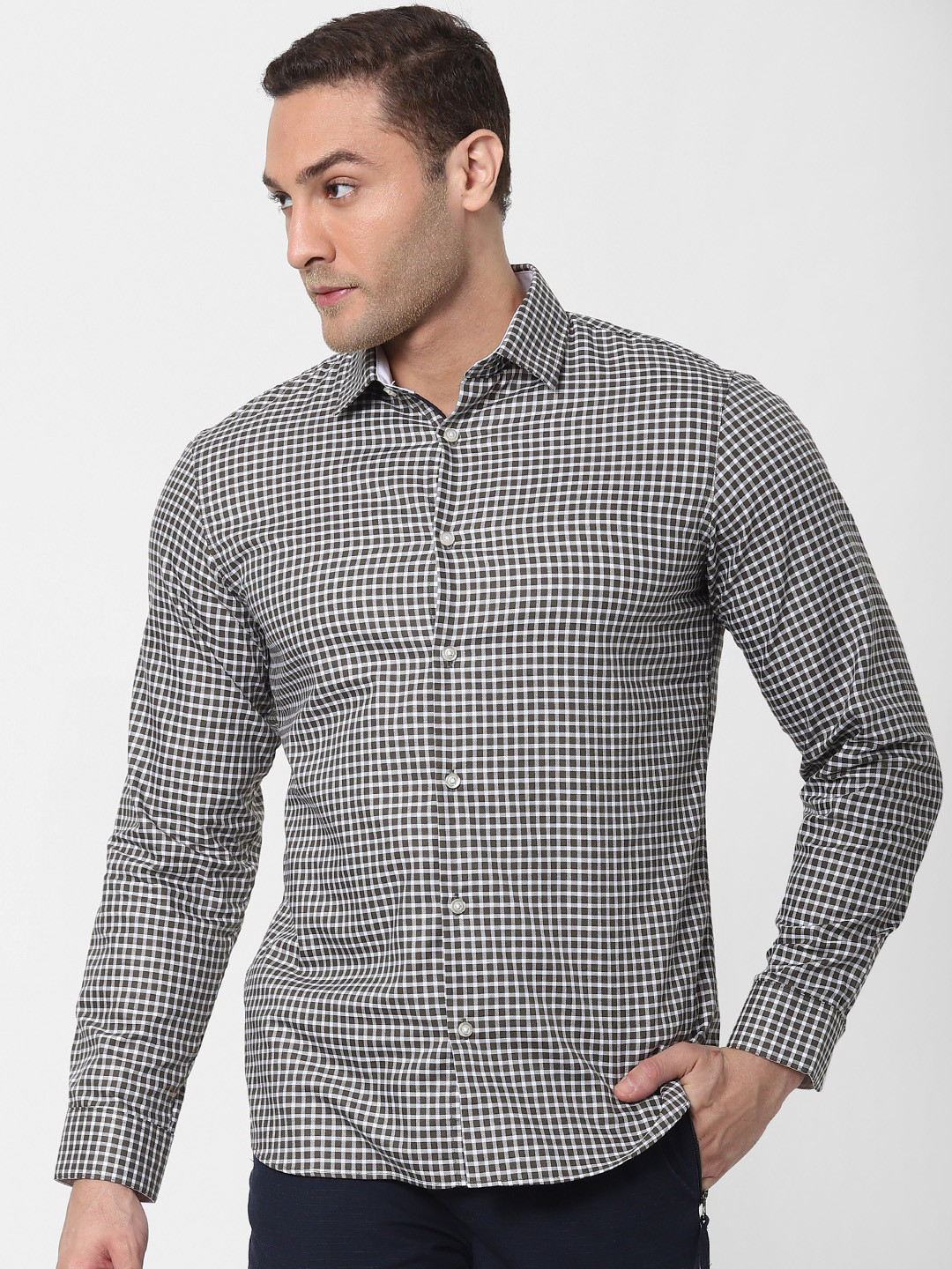 

SELECTED Men Olive Green & White Slim Fit Checked Organic Cotton Casual Shirt